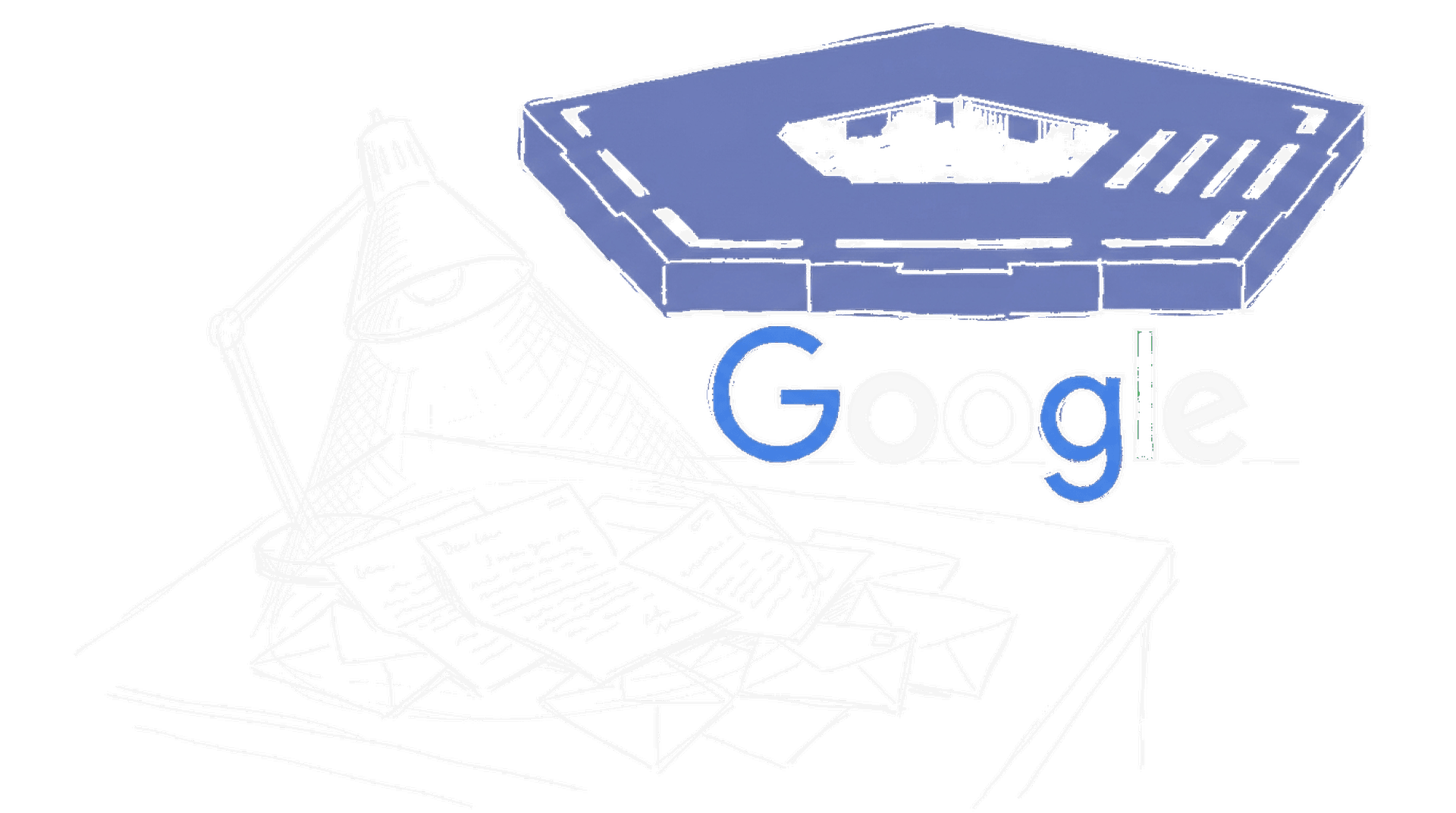 Illustration eines Pentagon-Symbols mit Google-Logo davor und einem Stapel offener Briefe im Vordergrund, kinewsletter.ch Stil