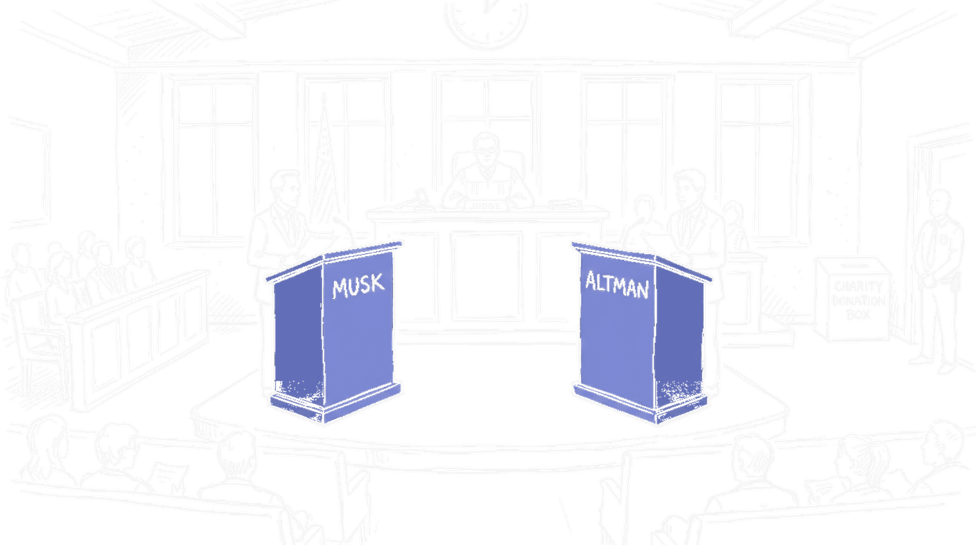 Illustration eines Gerichtssaals mit Musk- und Altman-Anwaltspulten gegenüber, Charity-Symbol über dem Richtertisch, kinewsletter.ch Stil
