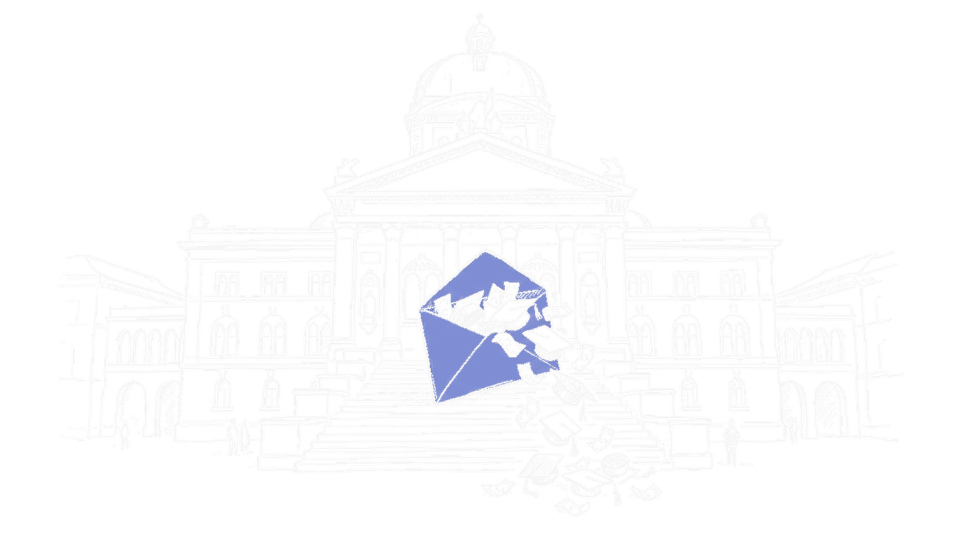 Illustration eines Schweizer Bundeshauses mit einem Briefumschlag, aus dem akademische Hüte und Geldscheine fallen, kinewsletter.ch Stil
