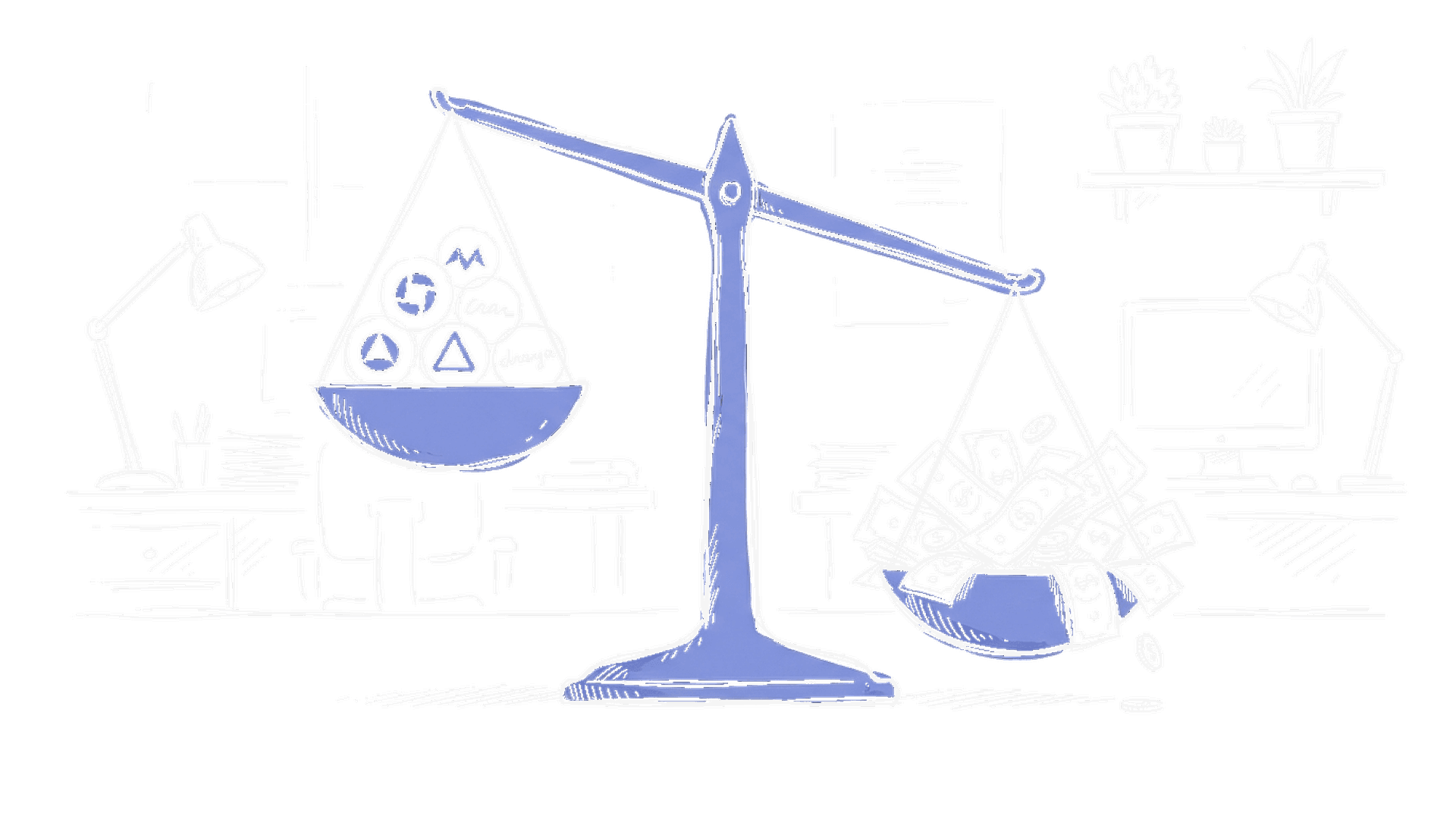 Illustration einer Waage mit Anthropic-Logo schwerer als OpenAI-Logo, Geldscheine fliessen auf die Anthropic-Seite, kinewsletter.ch Stil