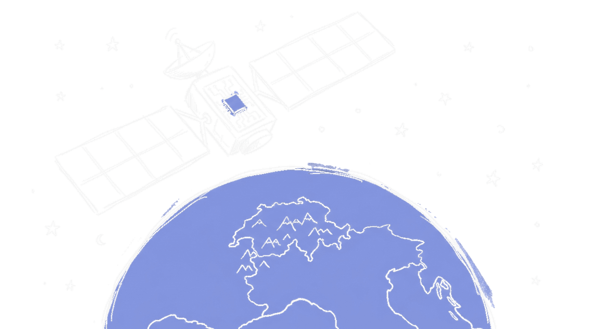 Illustration eines Satelliten im Orbit mit der Schweiz darunter, KI-Schaltkreise und ein generierter Text auf dem Display, kinewsletter.ch Stil