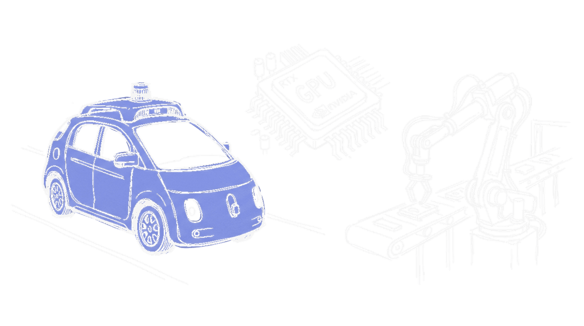Illustration eines autonomen Fahrzeugs neben GPU-Chips und Roboterarm im kinewsletter.ch Skizzen-Stil