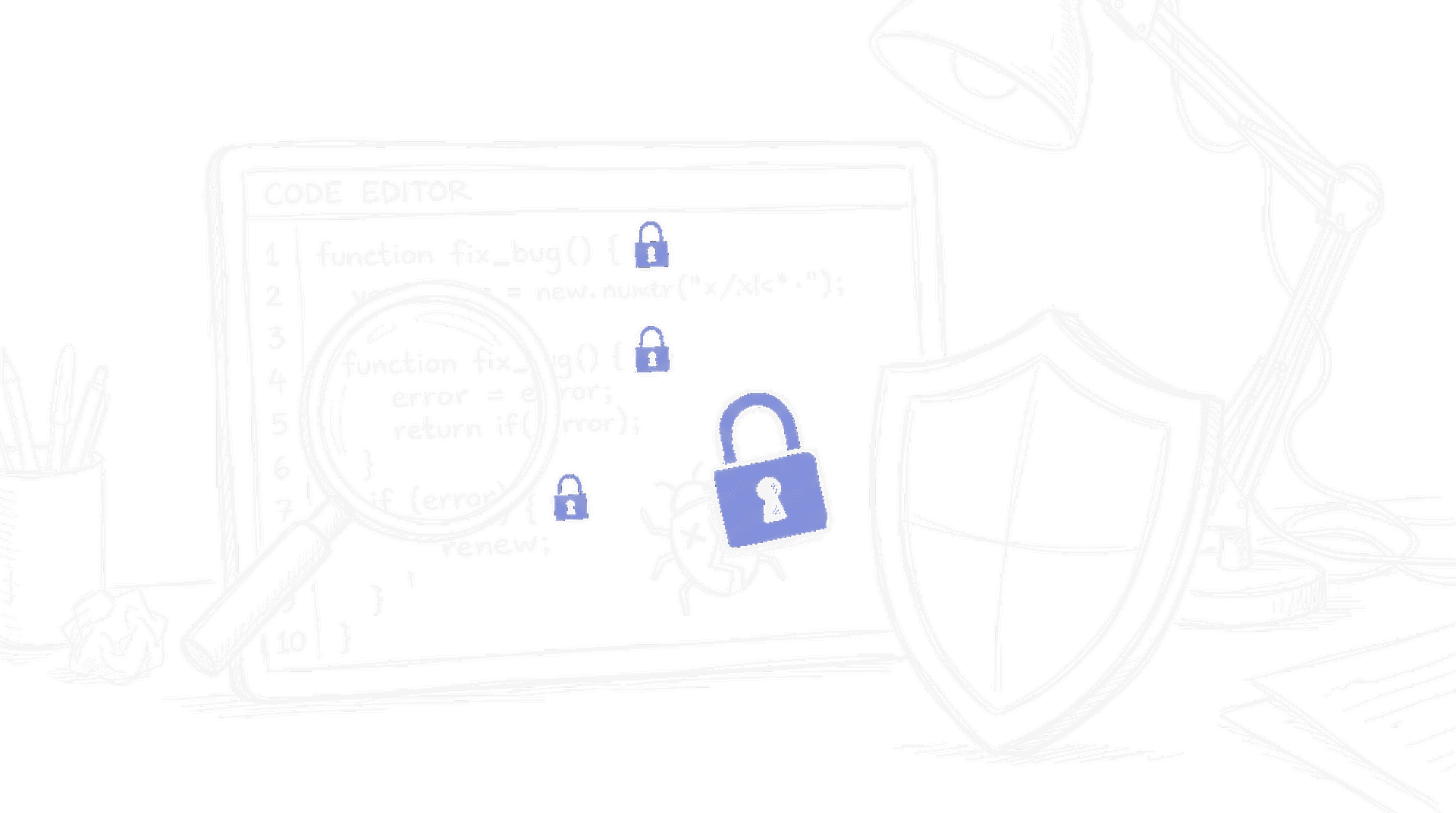 Illustration einer Code-Datei mit Schweizer Kreuz-Schloss und Magnifier, der Schwachstellen markiert, kinewsletter.ch Stil