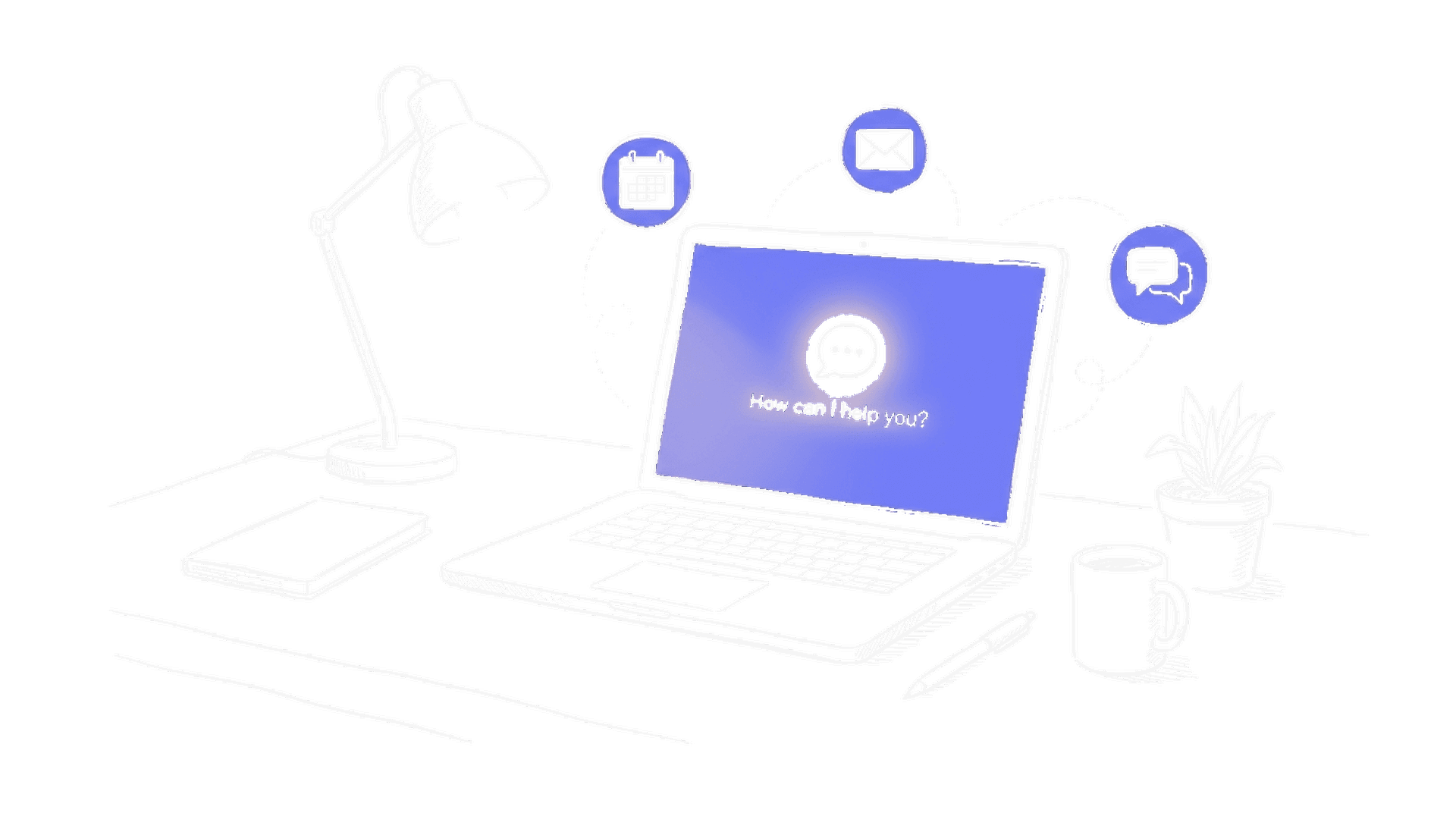 Illustration eines Desktop-Bildschirms mit AWS-Assistent-Icon, der Daten aus E-Mail, Kalender und Slack saugt, kinewsletter.ch Stil