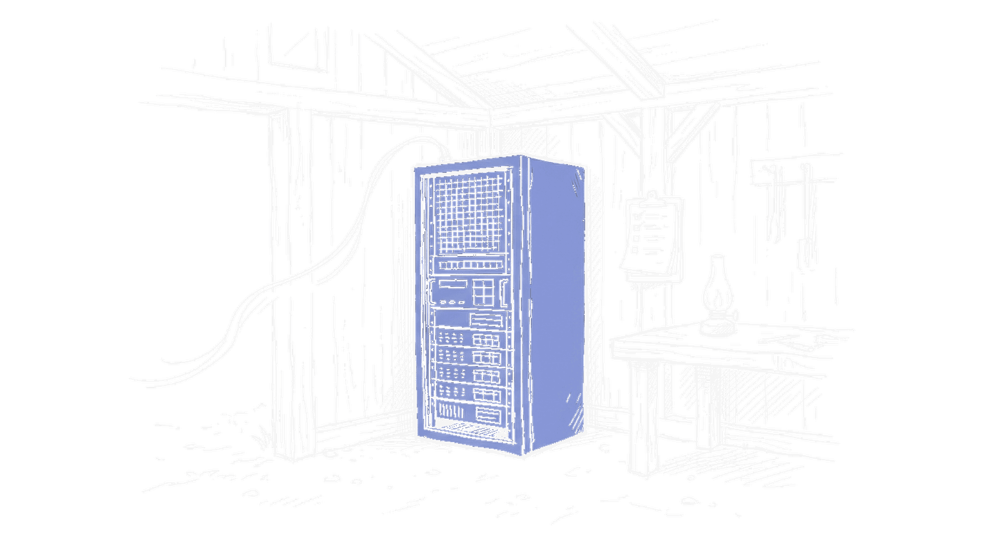 Illustration einer Werkstatt mit Server-Rack, kinewsletter.ch Stil