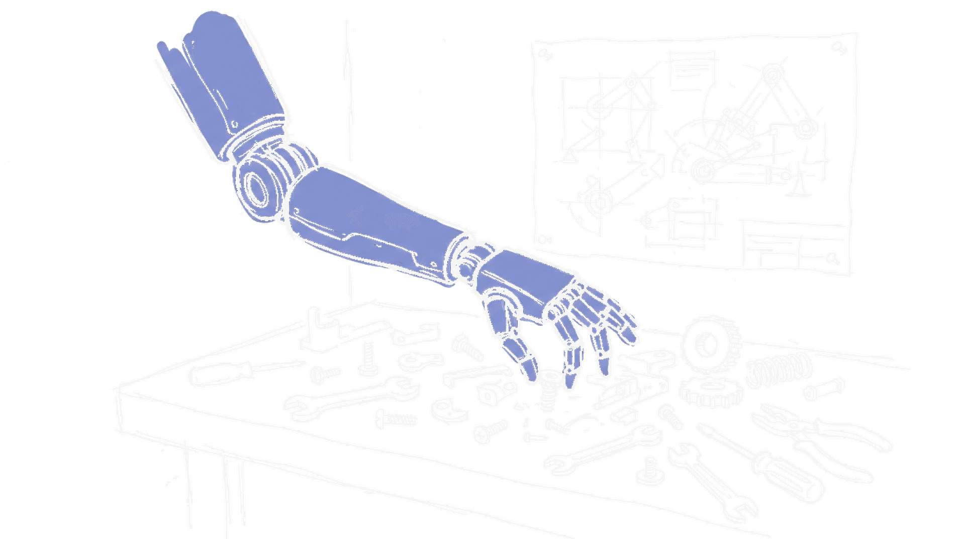 Illustration: Roboterarm an Werkbank mit Bauteilen, kinewsletter.ch Stil