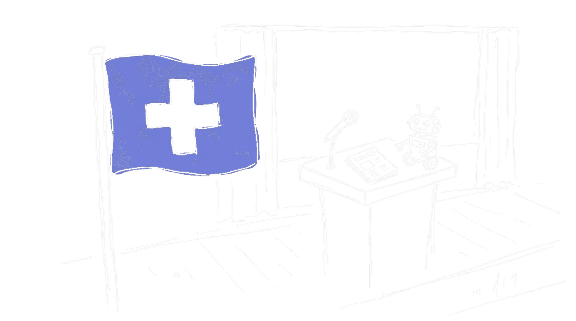 Illustration einer Schweizer Flagge mit Konferenz-Szene und Roboter im kinewsletter.ch Skizzen-Stil