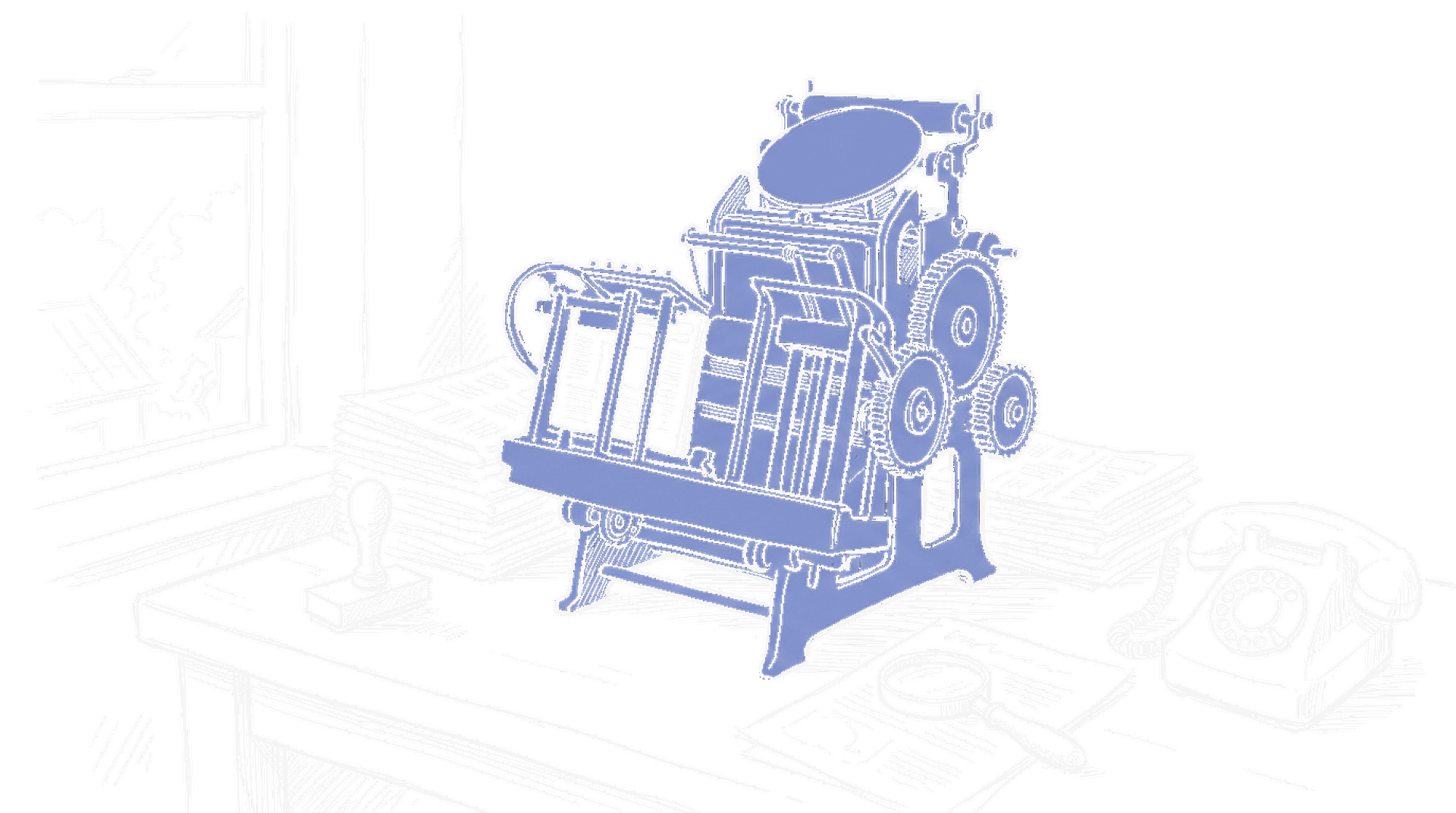 Illustration einer alten Druckpresse mit Tuschestempel und Telefon im handgezeichneten kinewsletter.ch-Stil – Symbol fuer den Schweizer KI-Kodex der Medienbranche (Dark Mode)