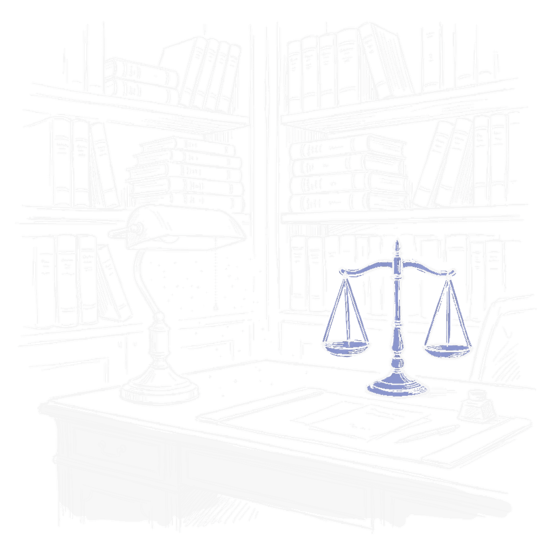Illustration einer Anwaltskanzlei mit Bibliothek, Brass-Lampe und Waage der Justitia (Dark Mode), kinewsletter.ch Stil