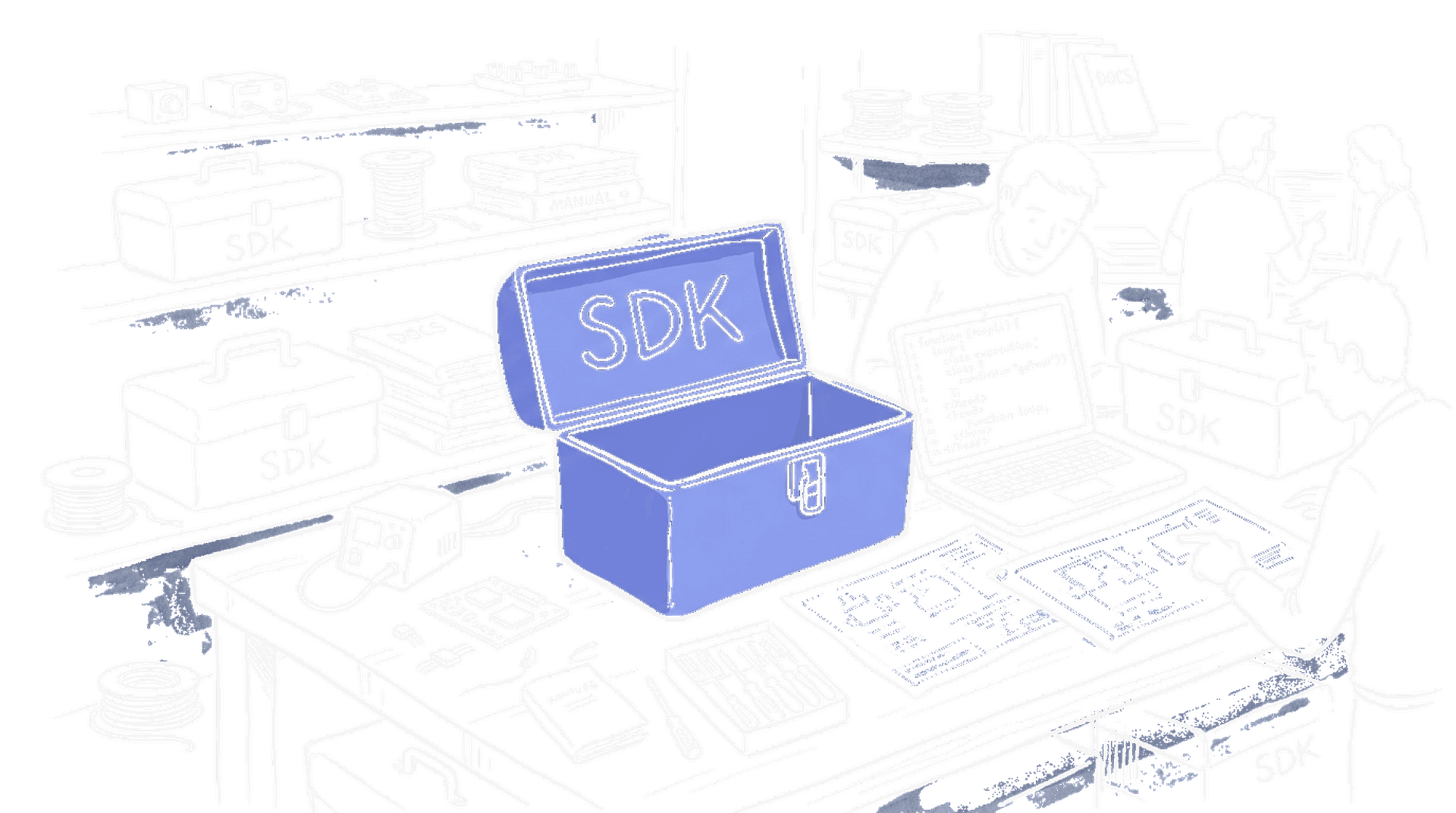Illustration zu Anthropic kauft Stainless: Werkzeugkisten und Laptop, kinewsletter.ch Stil