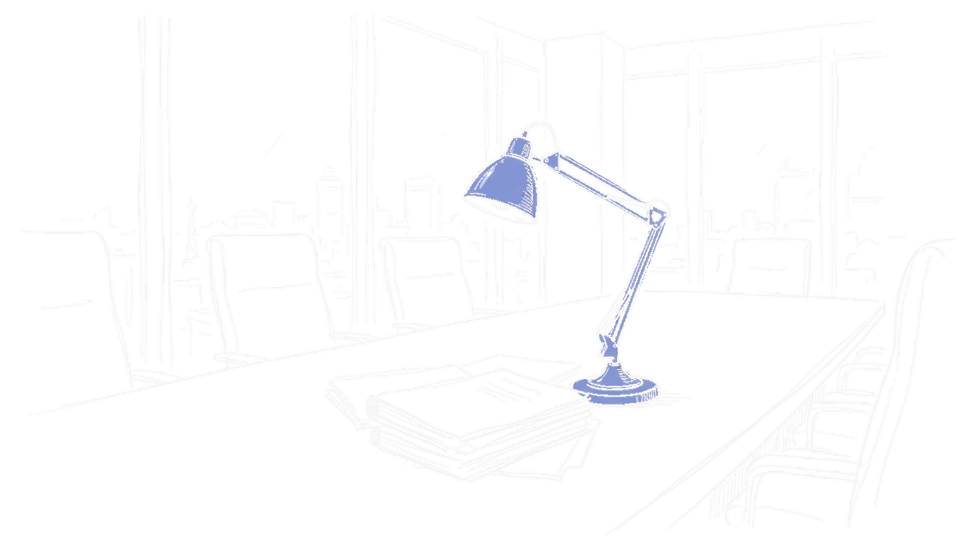 Sitzungszimmer mit Konferenztisch, Aktenstapeln und Messinglampe – kinewsletter.ch Stil (dark)
