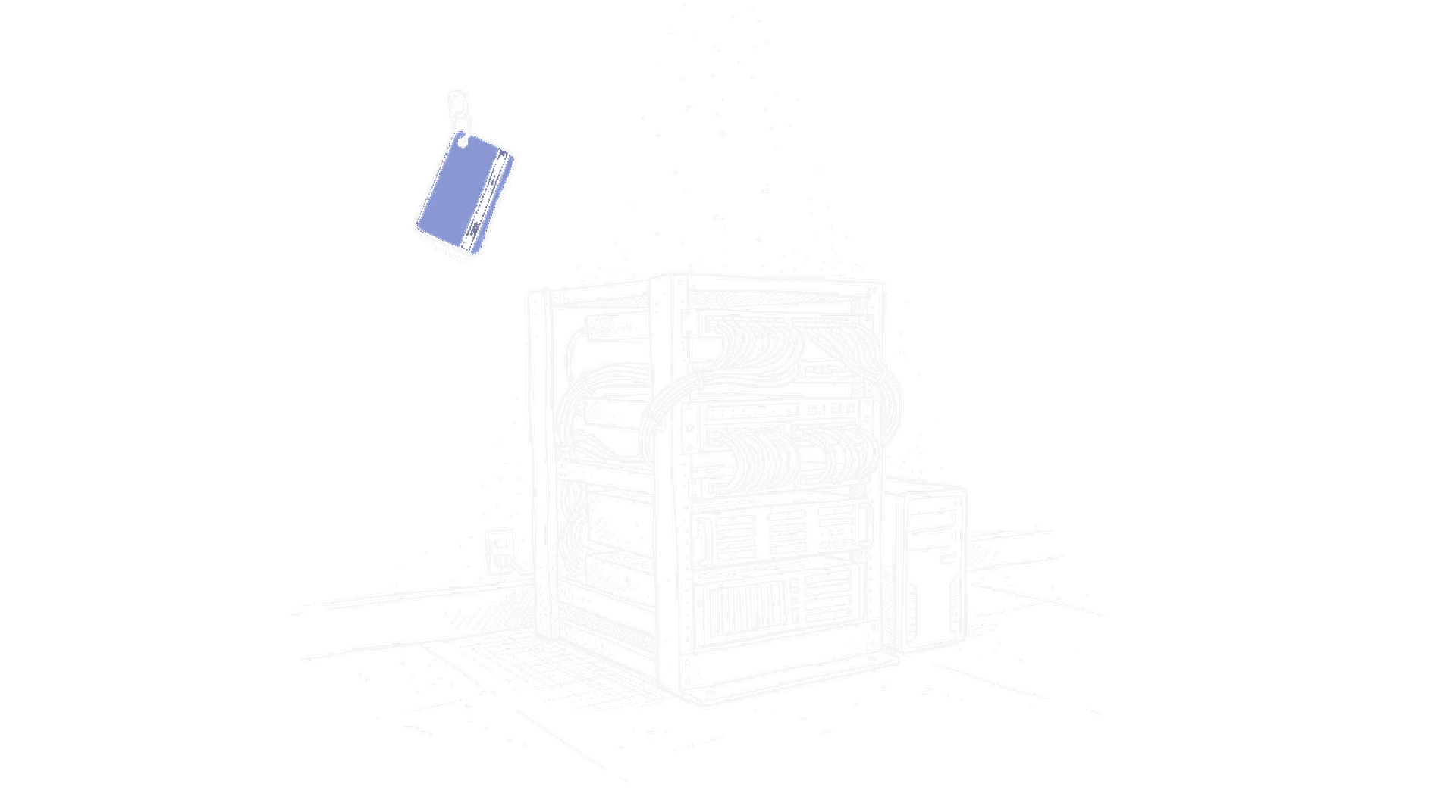 Serverrack mit Netzwerkkabeln und hängender Keycard – kinewsletter.ch Stil (dark)