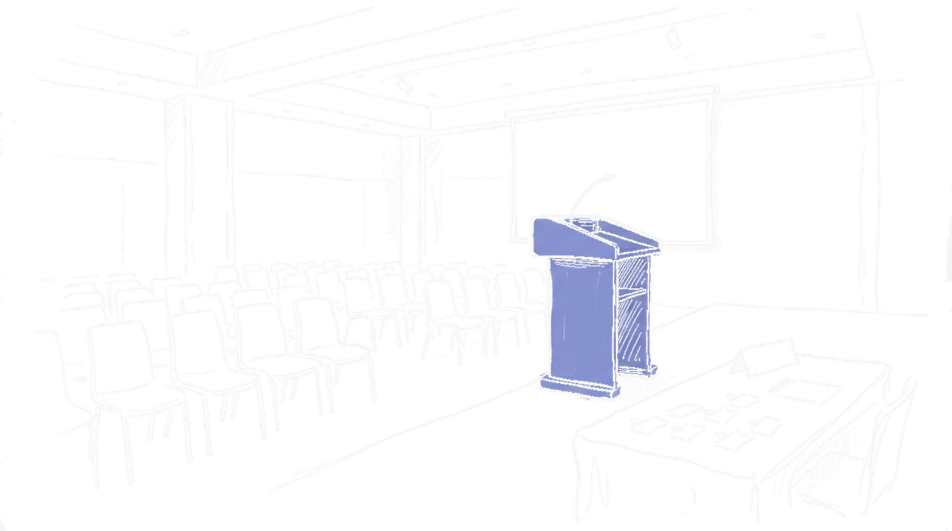 Illustration eines Konferenzsaals mit Podium und Stuhlreihen, kinewsletter.ch Stil
