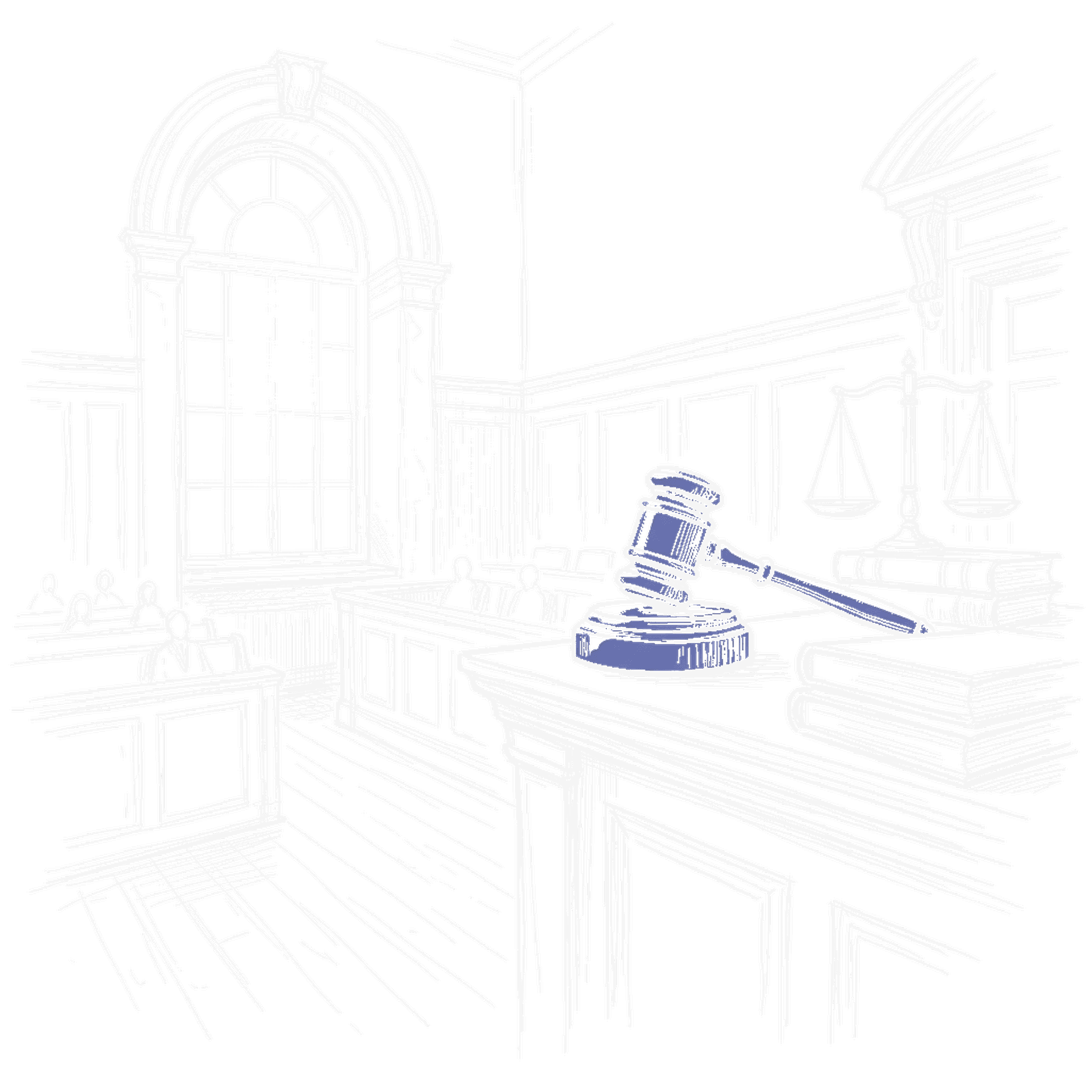 Illustration Gerichtssaal mit Richterhammer und Waage, kinewsletter.ch Stil