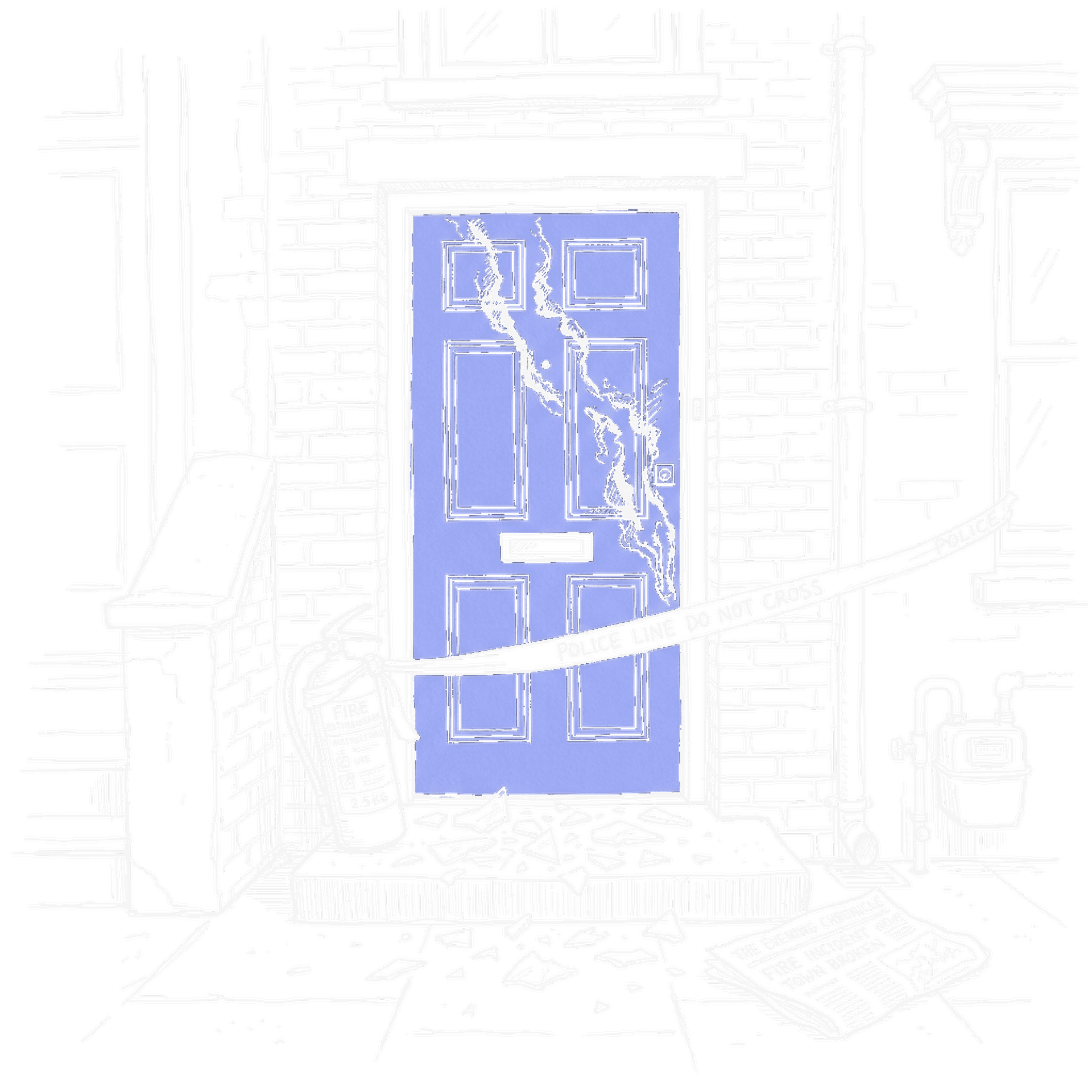 Illustration Haustür mit Brandspuren und Polizeiabsperrung, kinewsletter.ch Stil