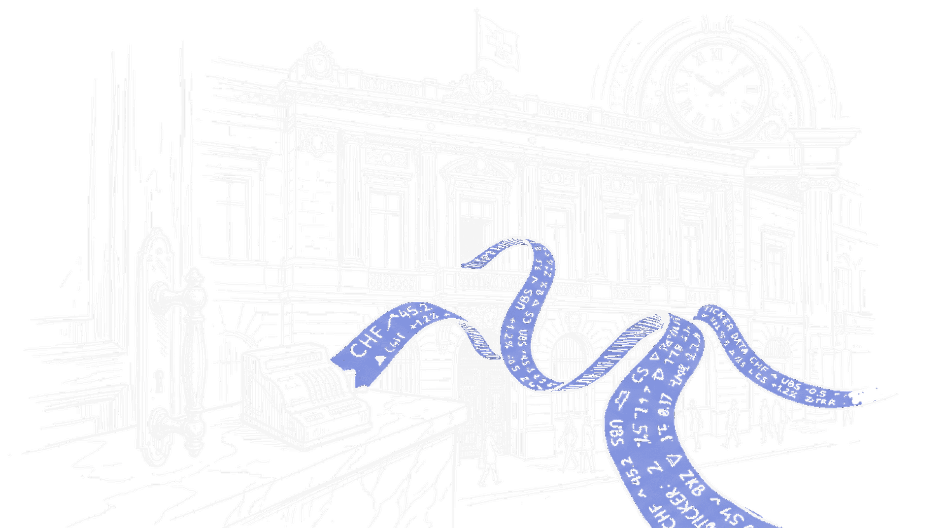 Illustration eines Schweizer Bankgebäudes mit Börsenticker, kinewsletter.ch Stil