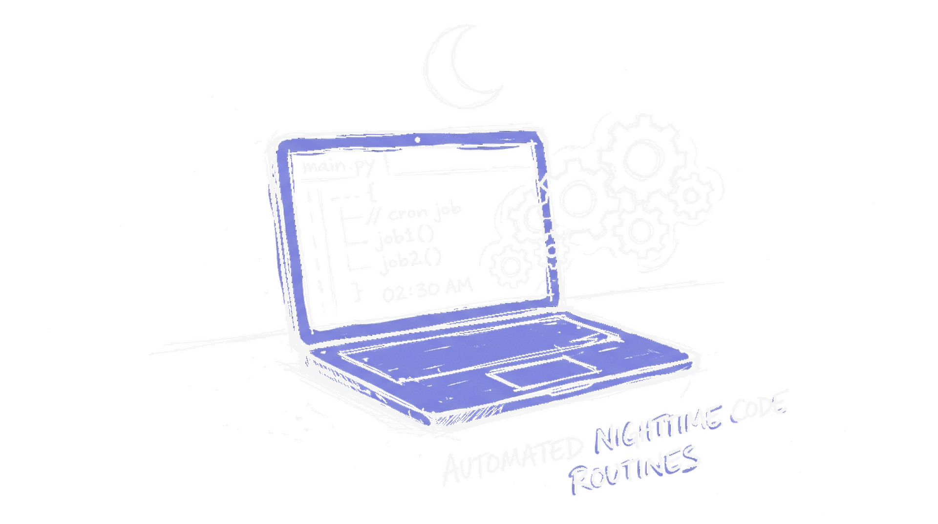 Illustration Laptop mit Zahnrädern und Mond, kinewsletter.ch Stil