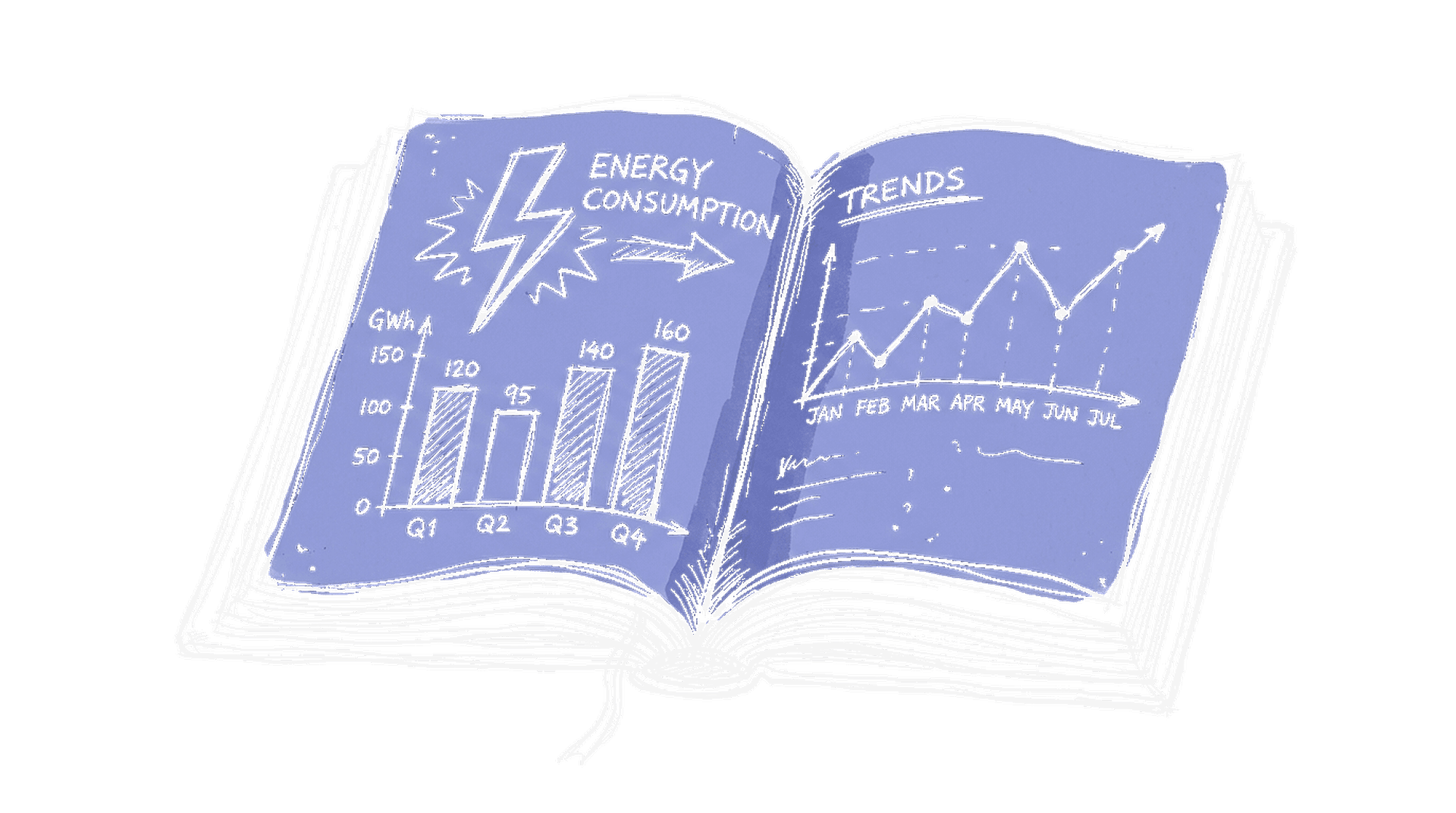 Illustration Report-Buch mit Charts und Blitz, kinewsletter.ch Stil