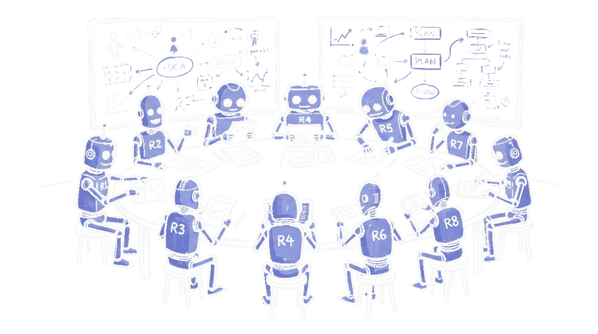 Illustration Roboter-Forscher am Tisch, kinewsletter.ch Stil