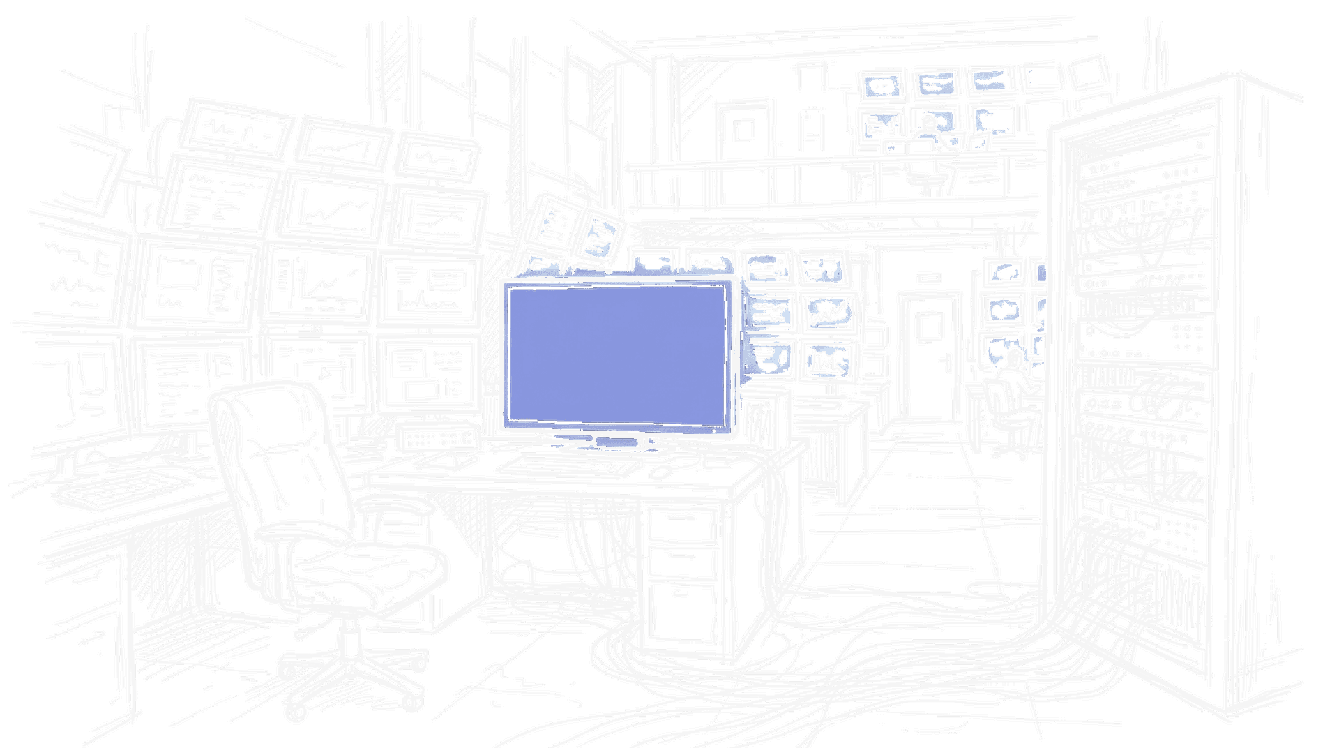 Illustration einer Schaltzentrale mit Monitoren und Servern, kinewsletter.ch Stil