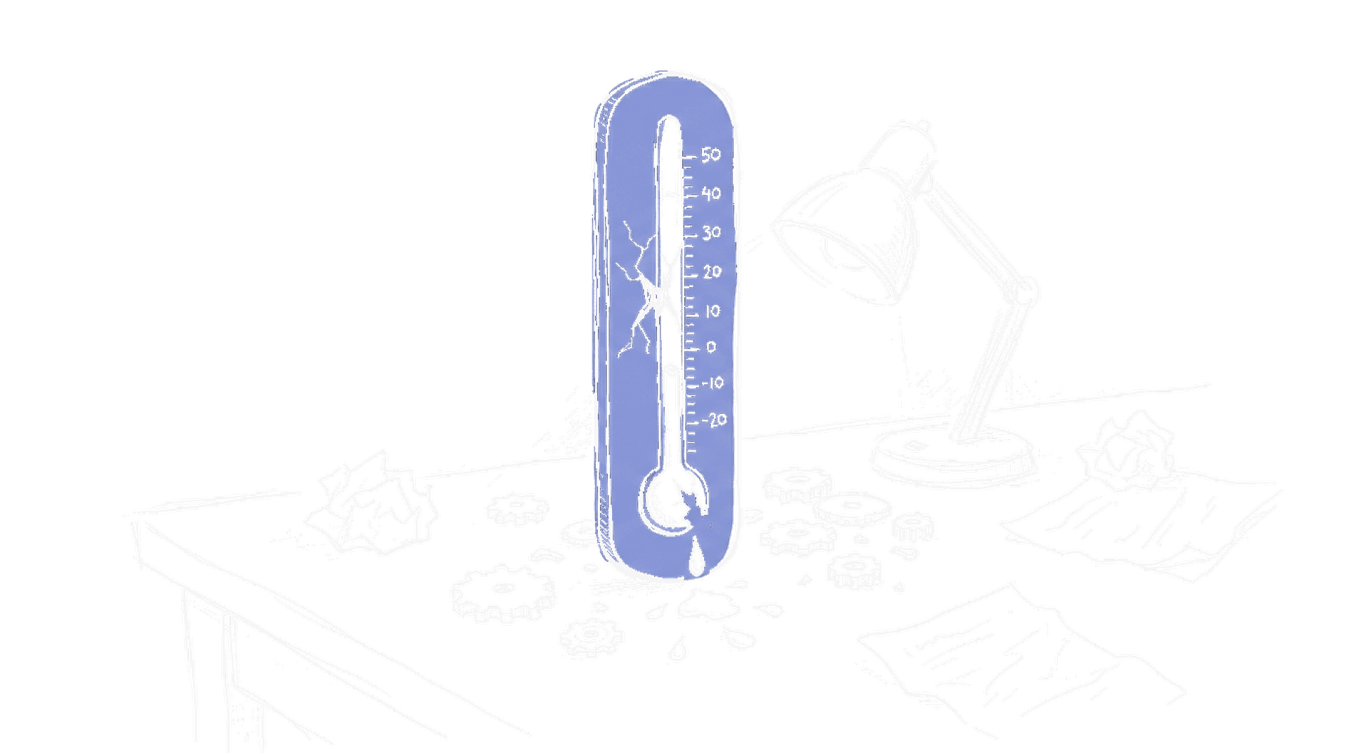 Illustration eines Thermometers mit fallendem Quecksilber und zerbrochenen Zahnrädern, kinewsletter.ch Stil