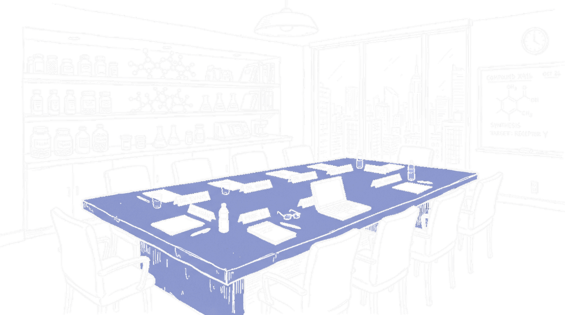 Illustration Konferenzraum mit Molekülmodellen, kinewsletter.ch Stil