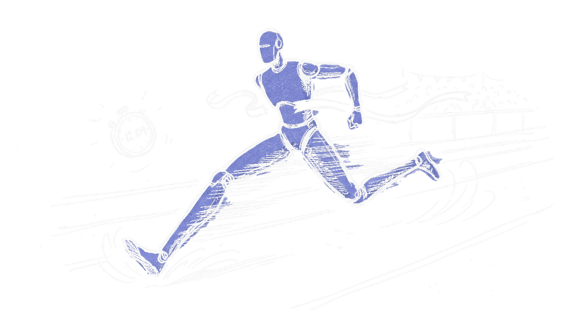 Handgezeichnete Tuscheskizze eines sprintenden Humanoid-Roboters auf einer Laufbahn mit Stoppuhr und Zielband