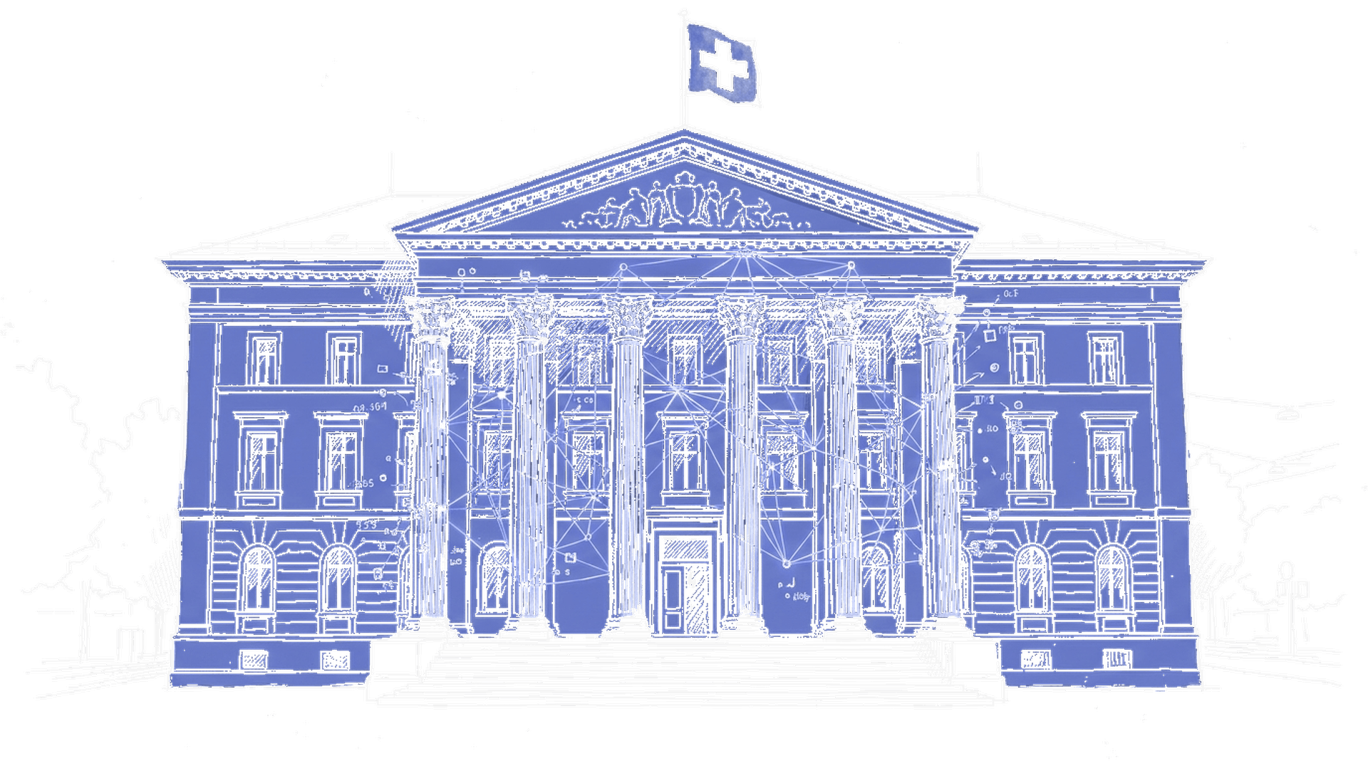 Handgezeichnete Tuscheskizze eines Schweizer Regierungsgebäudes mit digitalem Netzwerk-Overlay