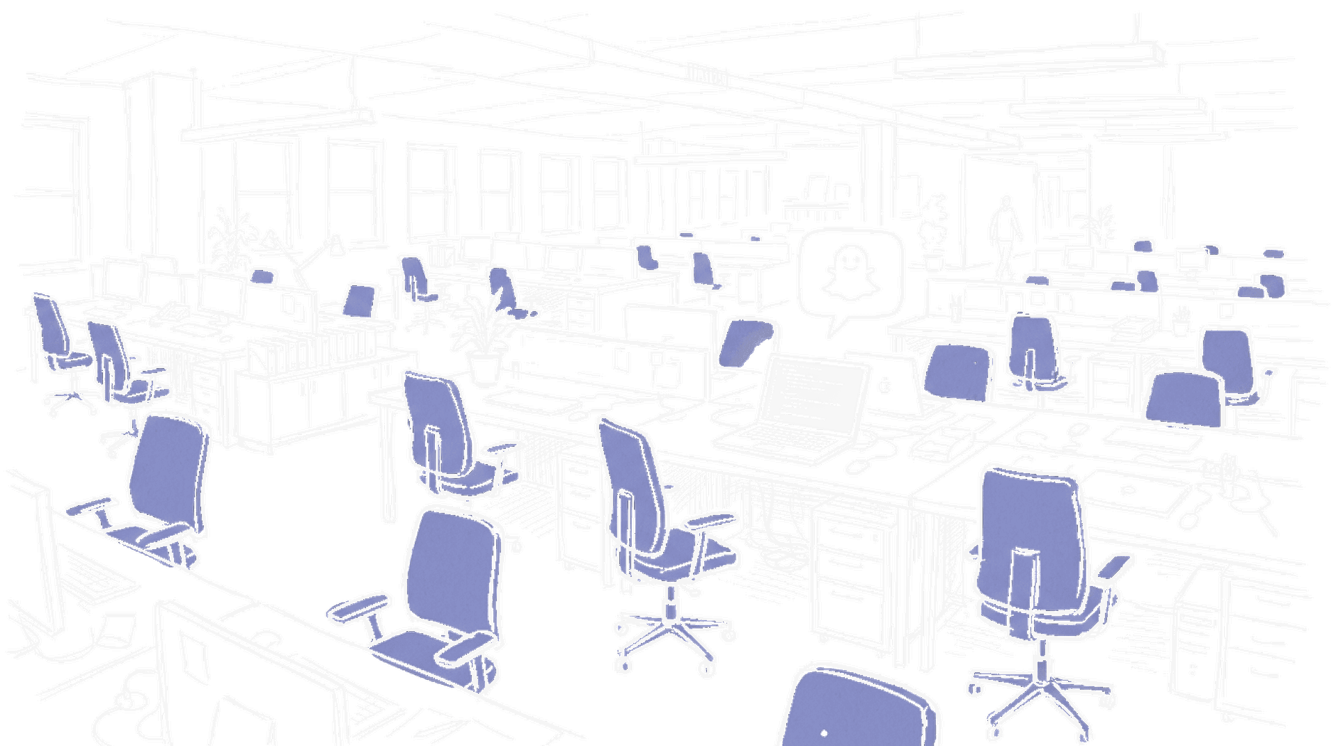 Handgezeichnete Tuscheskizze eines halb leeren Grossraumbüros mit Snapchat-Ghost und leuchtendem Laptop