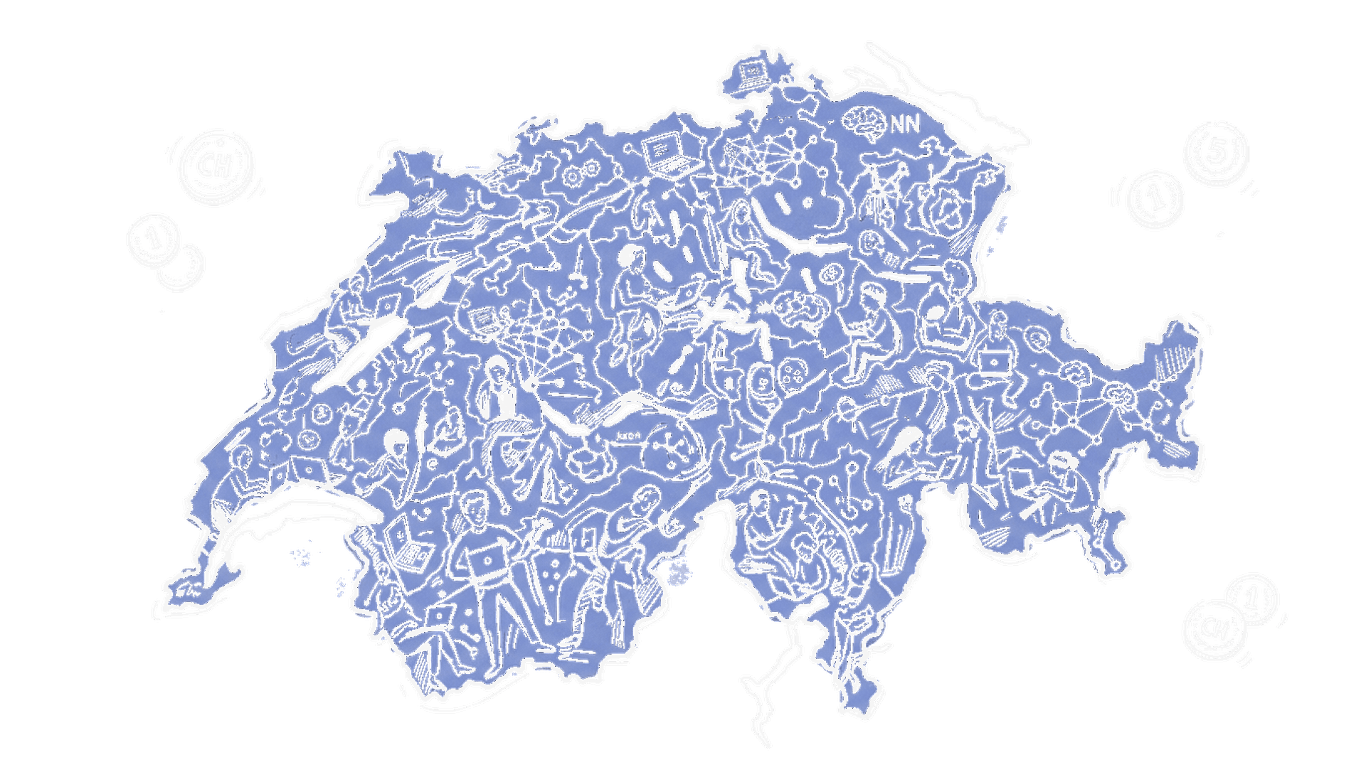 Handgezeichnete Tuscheskizze der Schweizer Karte voller KI-Forschender mit Laptops und Netzwerksymbolen