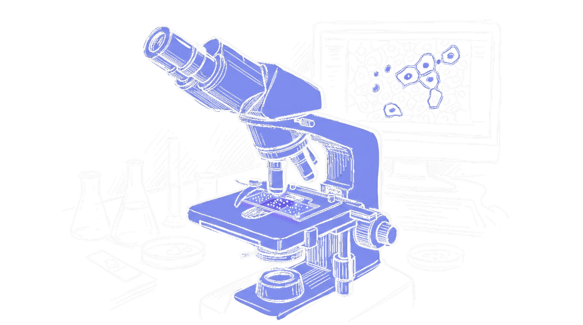 Handgezeichnete Skizze eines Mikroskops mit digitaler Proteinmarker-Overlay auf einem Gewebeschnitt