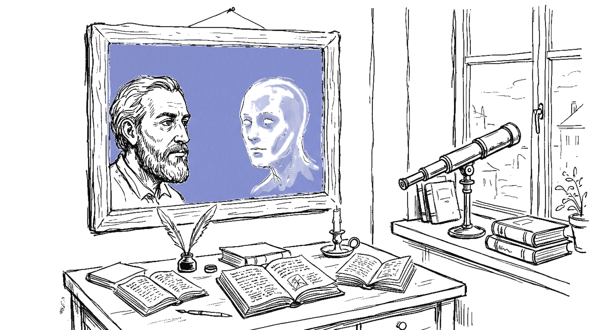 Illustration einer Spiegelreflexion mit zwei Gesichtern – Mensch und KI – als Metapher für die Bewusstseinsfrage, kinewsletter.ch Stil