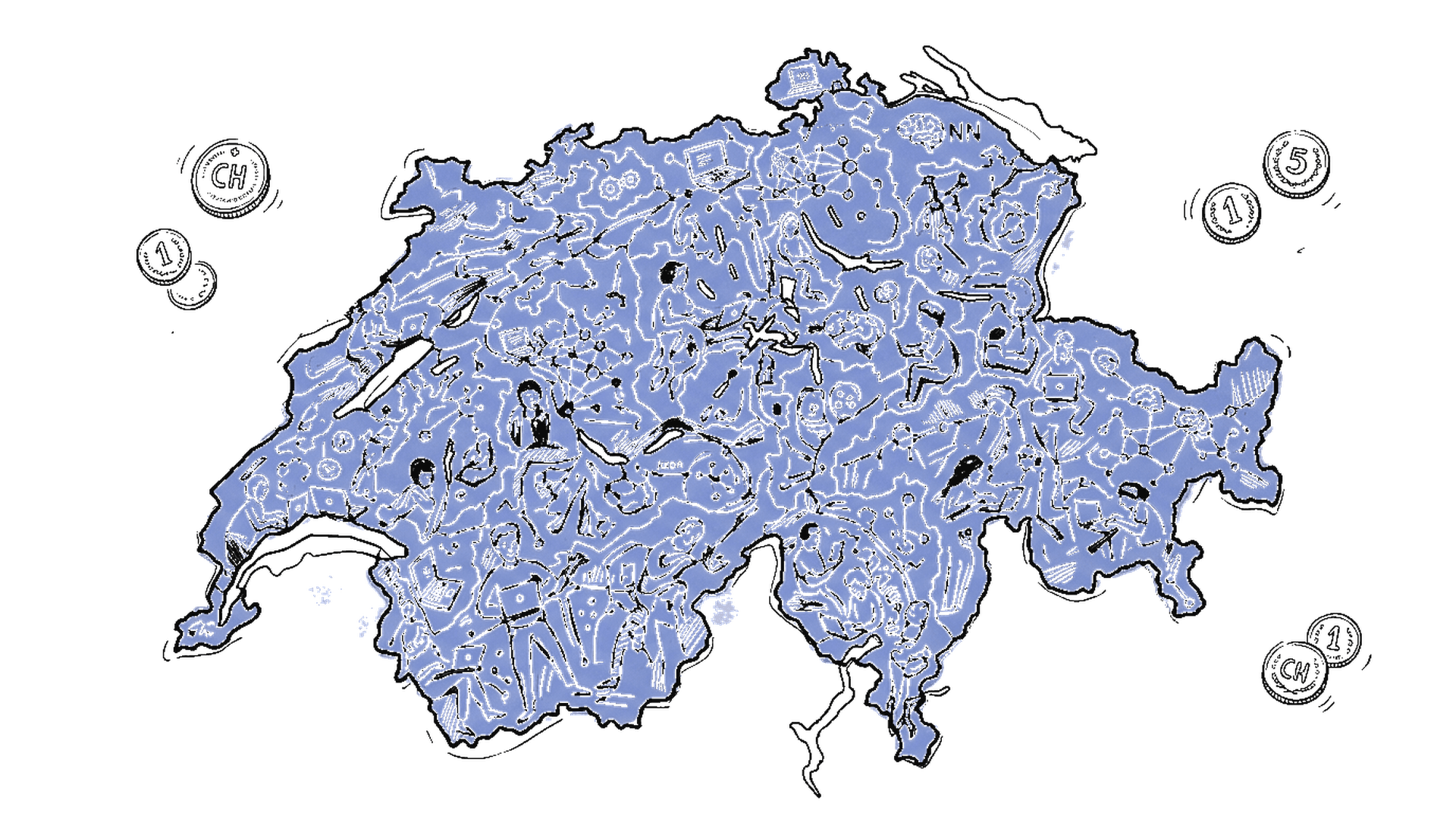 Handgezeichnete Tuscheskizze der Schweizer Karte voller KI-Forschender mit Laptops und Netzwerksymbolen