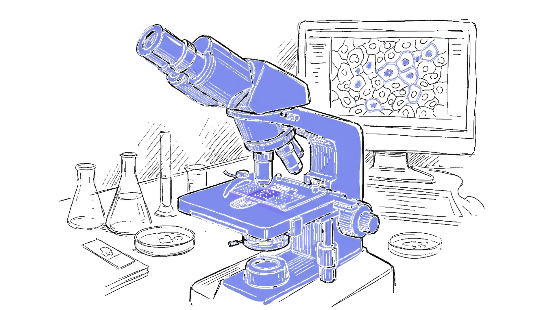 Handgezeichnete Skizze eines Mikroskops mit digitaler Proteinmarker-Overlay auf einem Gewebeschnitt