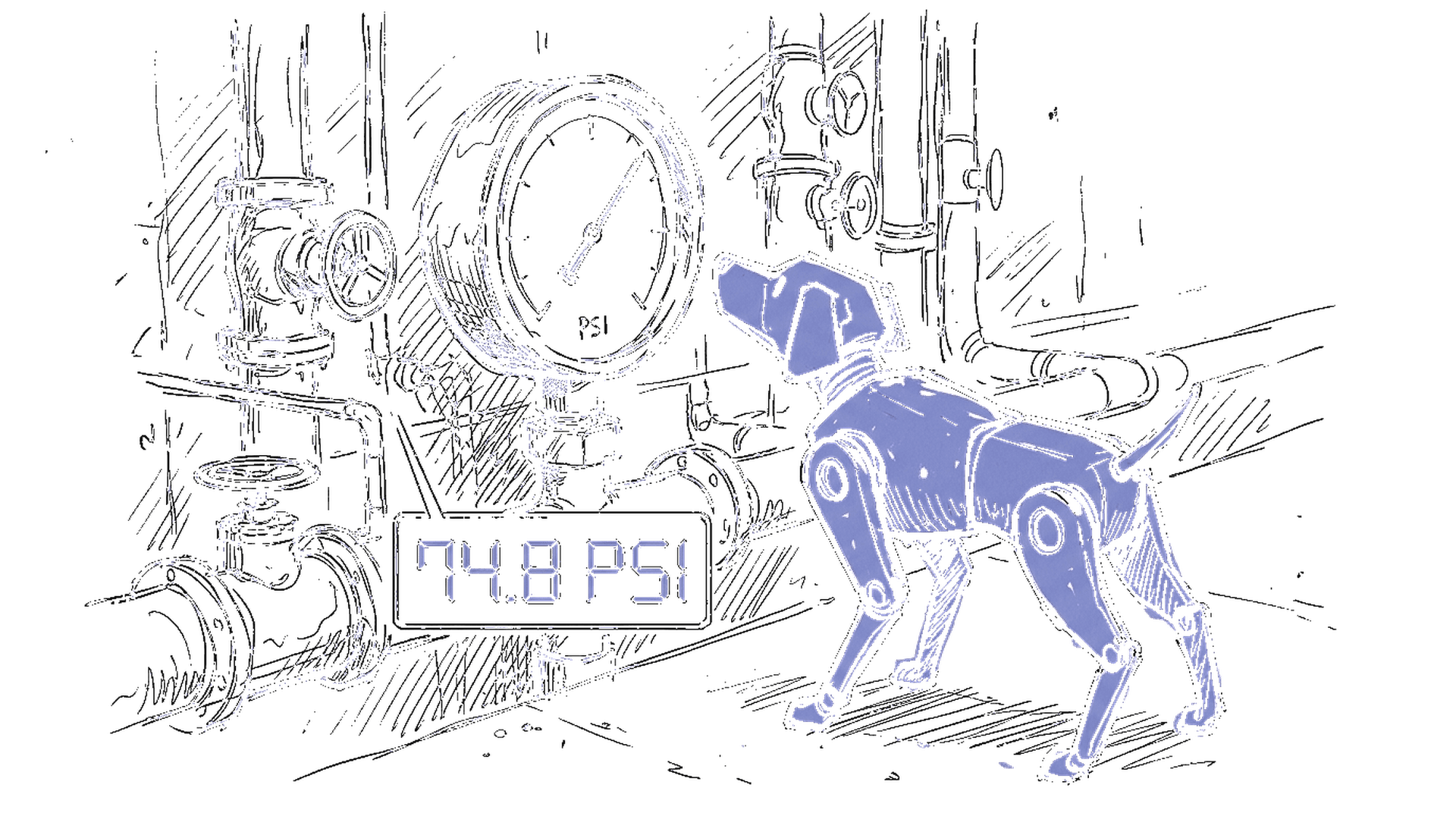 Handgezeichnete Skizze eines Roboterhunds vor einem industriellen Druckmesser mit digitalem Overlay