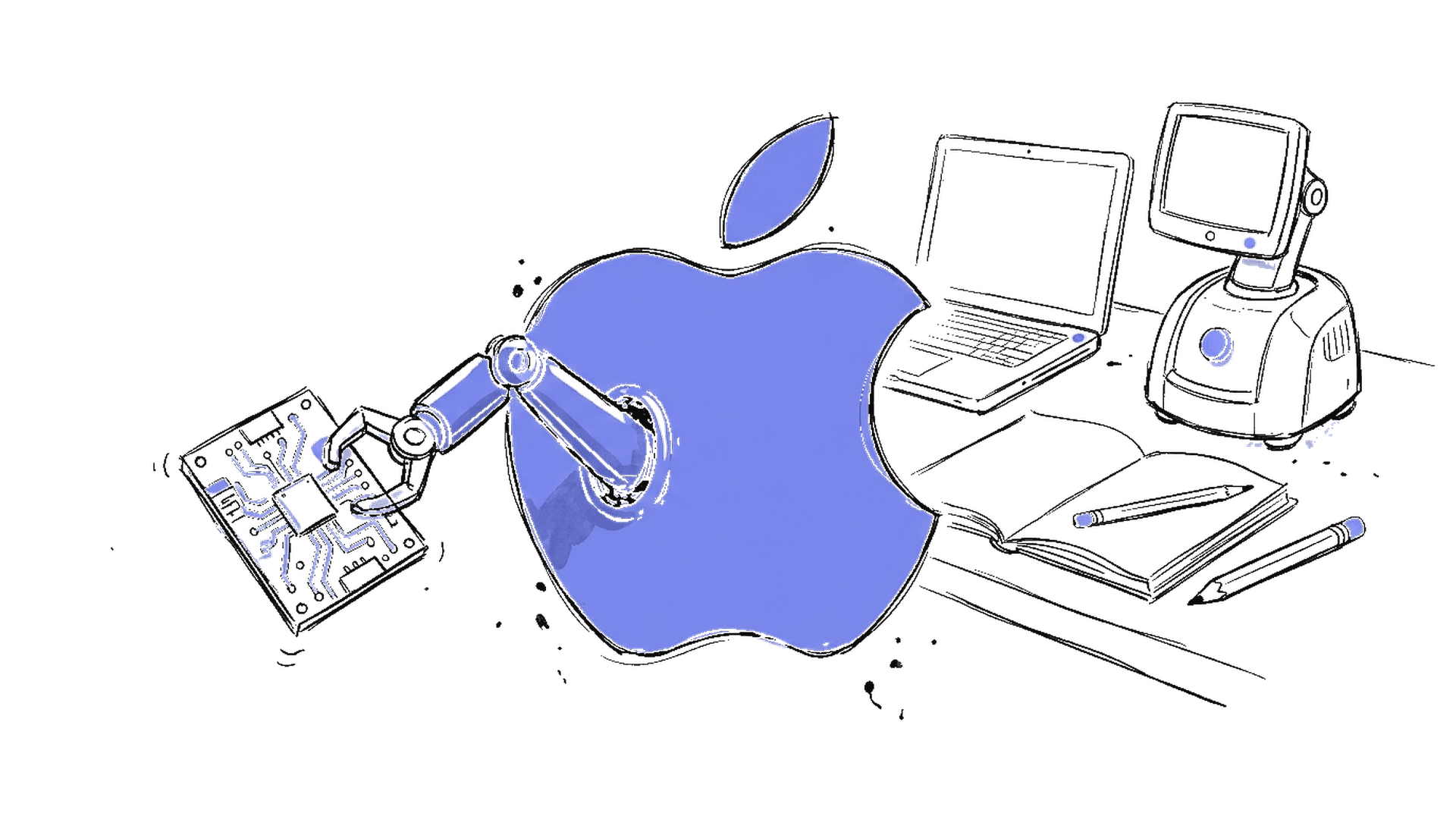Handgezeichnete Skizze eines Apple-Logos mit Roboterarm und Schreibtisch mit Robotergerät