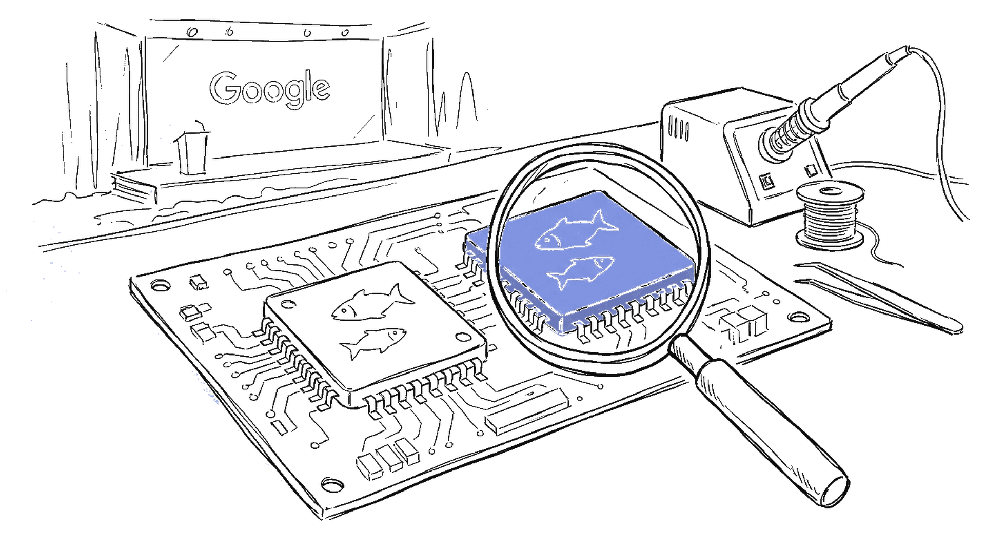 Handgezeichnete Skizze von Computerchips auf einer Platine mit Fisch-Gravuren und Konferenzbühne