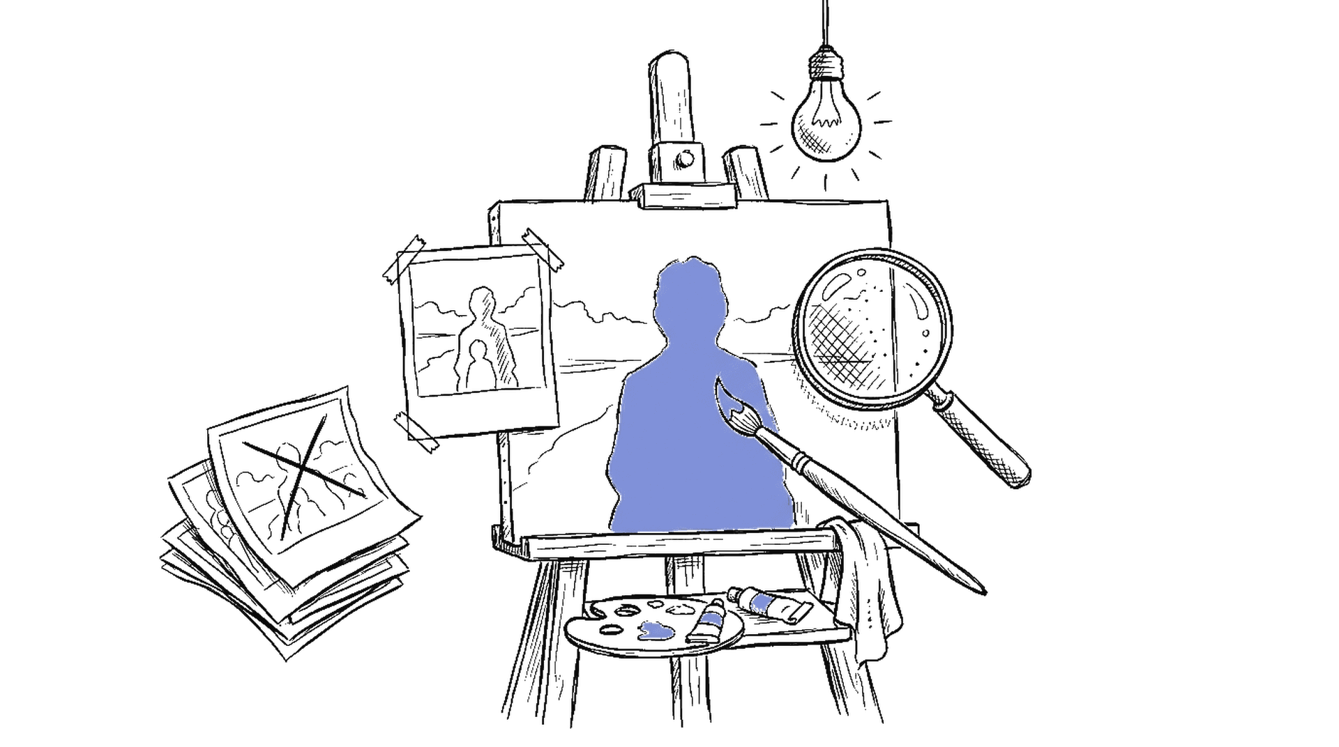 Handgezeichnete Skizze einer Staffelei mit Pinsel und Lupe