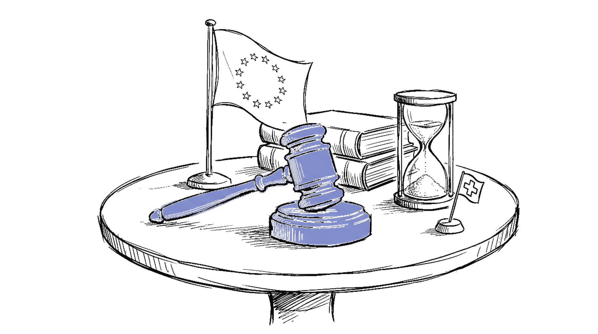Handgezeichnete Skizze eines Richterhammers mit EU-Flagge und Schweizer Kreuz