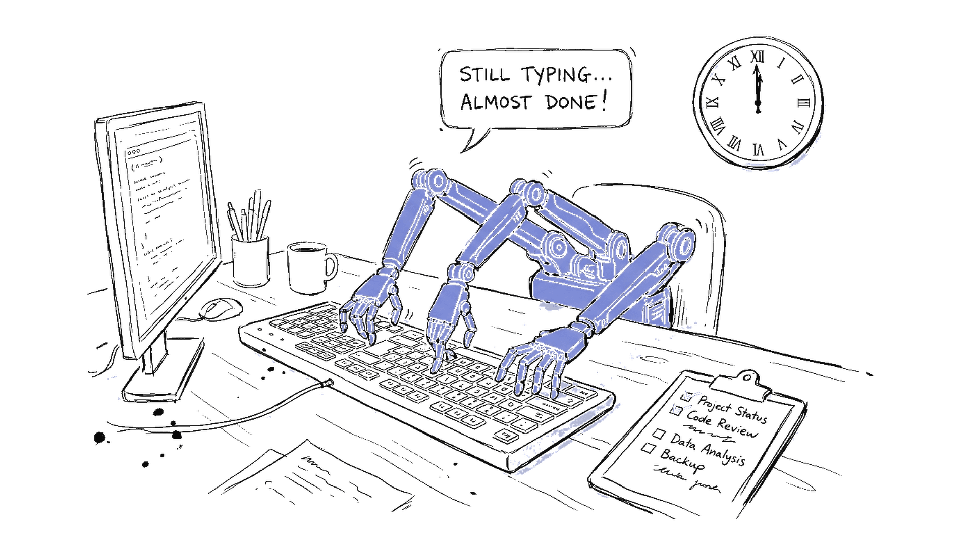 Handgezeichnete Skizze von Roboterarmen an einem Schreibtisch mit Tastatur und Checkliste