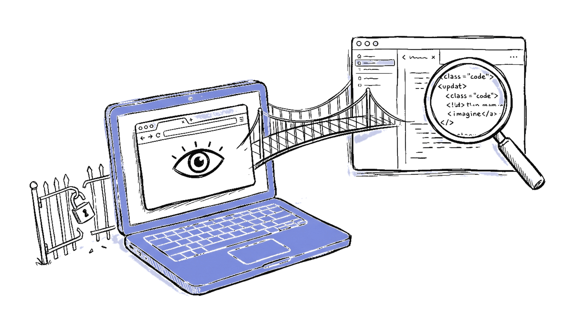 Handgezeichnete Skizze eines Laptops mit Auge-Symbol im Browser und offener Brücke zum Desktop