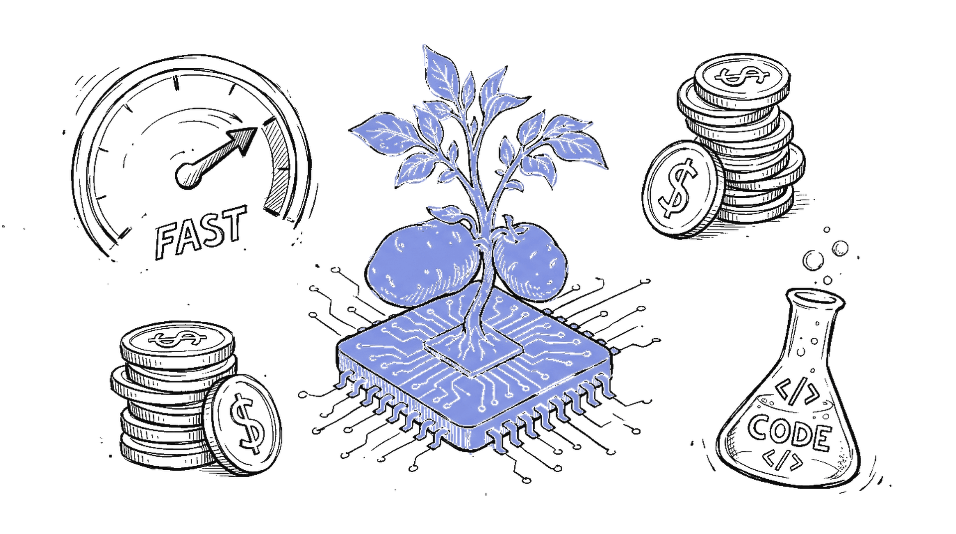 Handgezeichnete Skizze einer Kartoffelpflanze die aus einem Computerchip wächst mit Tachometer