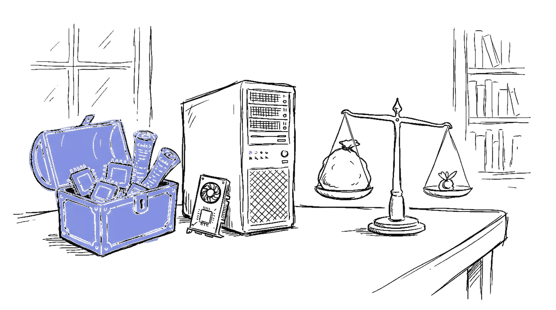 Handgezeichnete Skizze einer offenen Schatztruhe mit Chips und einer Waage