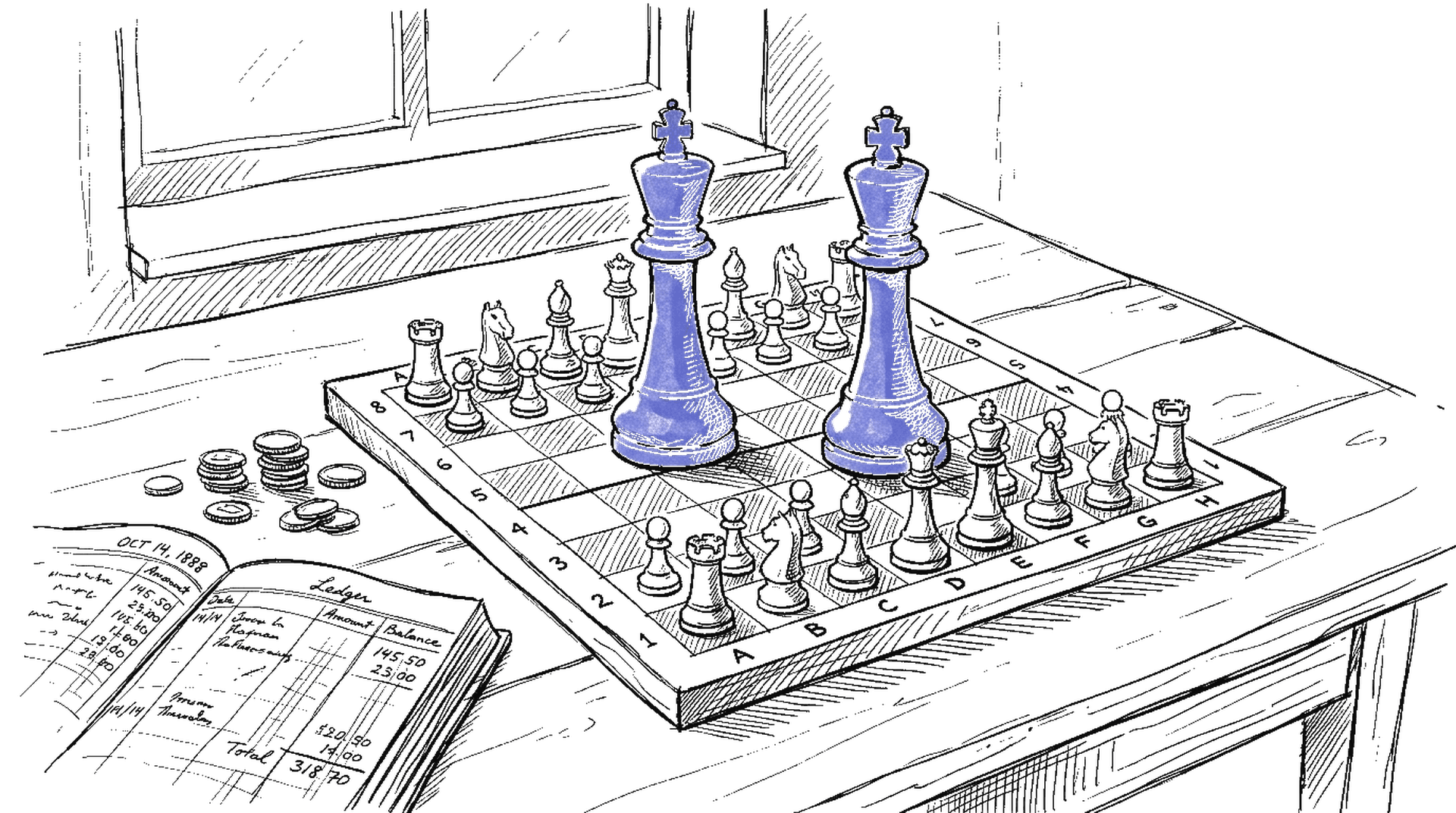 Illustration mit zwei blauen Königen auf Schachbrett und Goldmünzen, kinewsletter.ch Stil