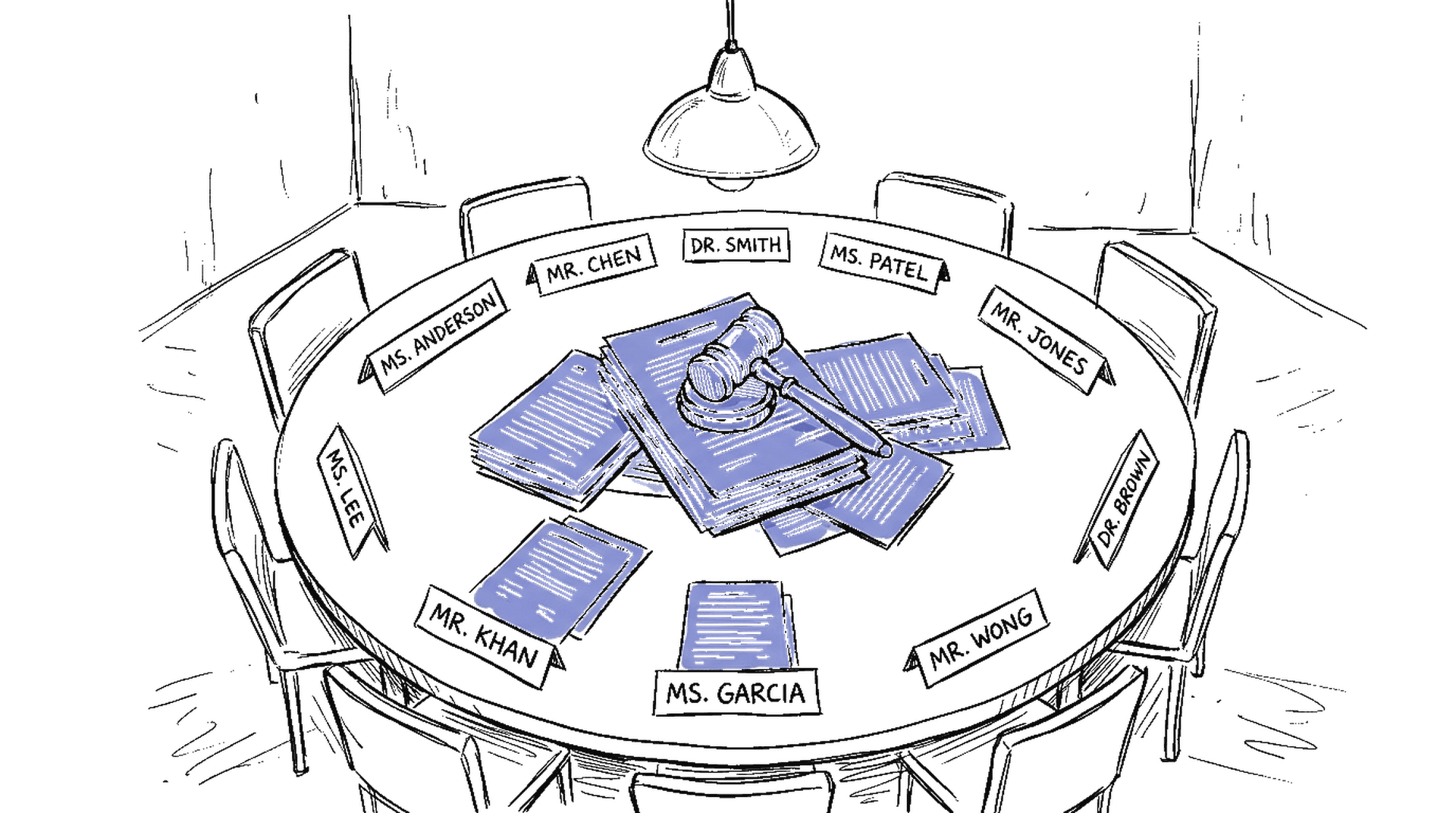 Illustration eines Verhandlungstisches mit Gesetzbüchern und Hammer, kinewsletter.ch Stil