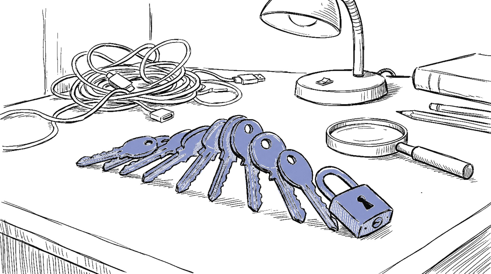 Illustration einer Domino-Kette aus Schlüsseln, die nacheinander umfallen, kinewsletter.ch Stil