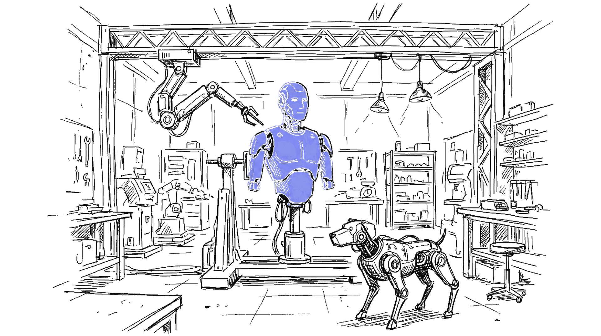 Illustration einer Werkshalle mit Humanoid-Roboter und Vierbeiner, kinewsletter.ch Stil