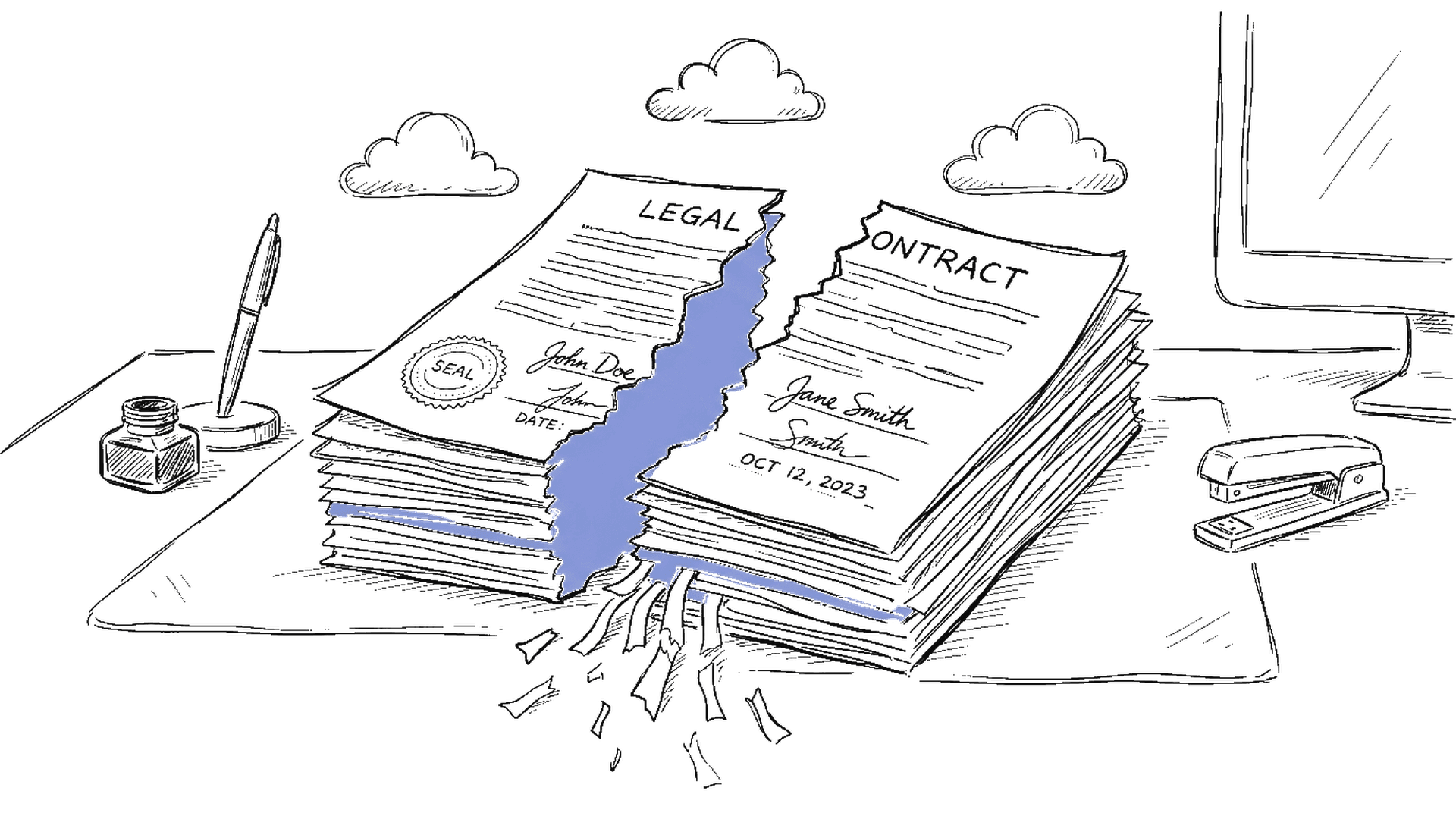 Illustration eines auseinanderbrechenden Vertragsstapels mit drei Cloud-Symbolen, kinewsletter.ch Stil