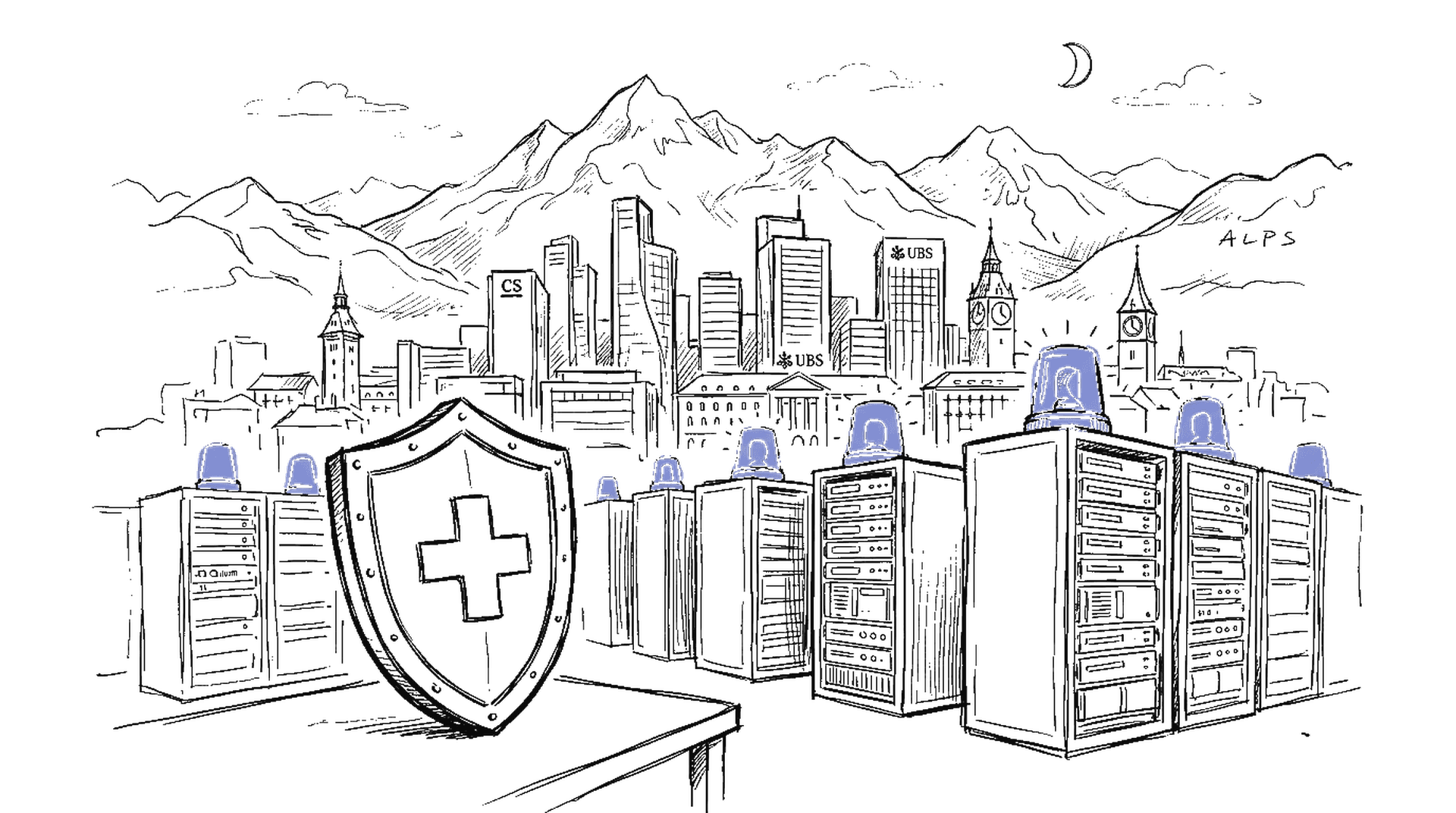 Illustration einer Schweizer Finanzplatz-Skyline mit roten Warnsymbolen über Servern, kinewsletter.ch Stil