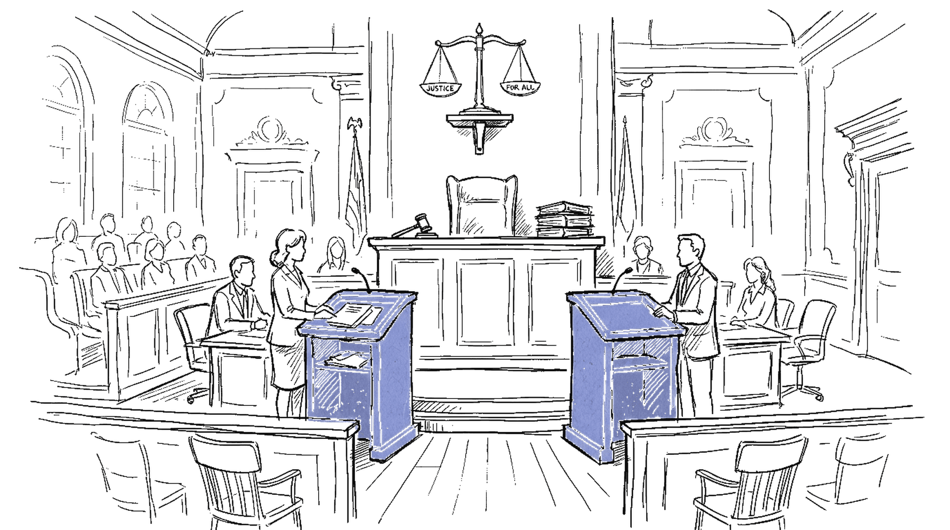 Illustration eines Gerichtssaals mit zwei gegenüberstehenden Anwaltspulten und einem Charity-Symbol über dem Richtertisch, kinewsletter.ch Stil